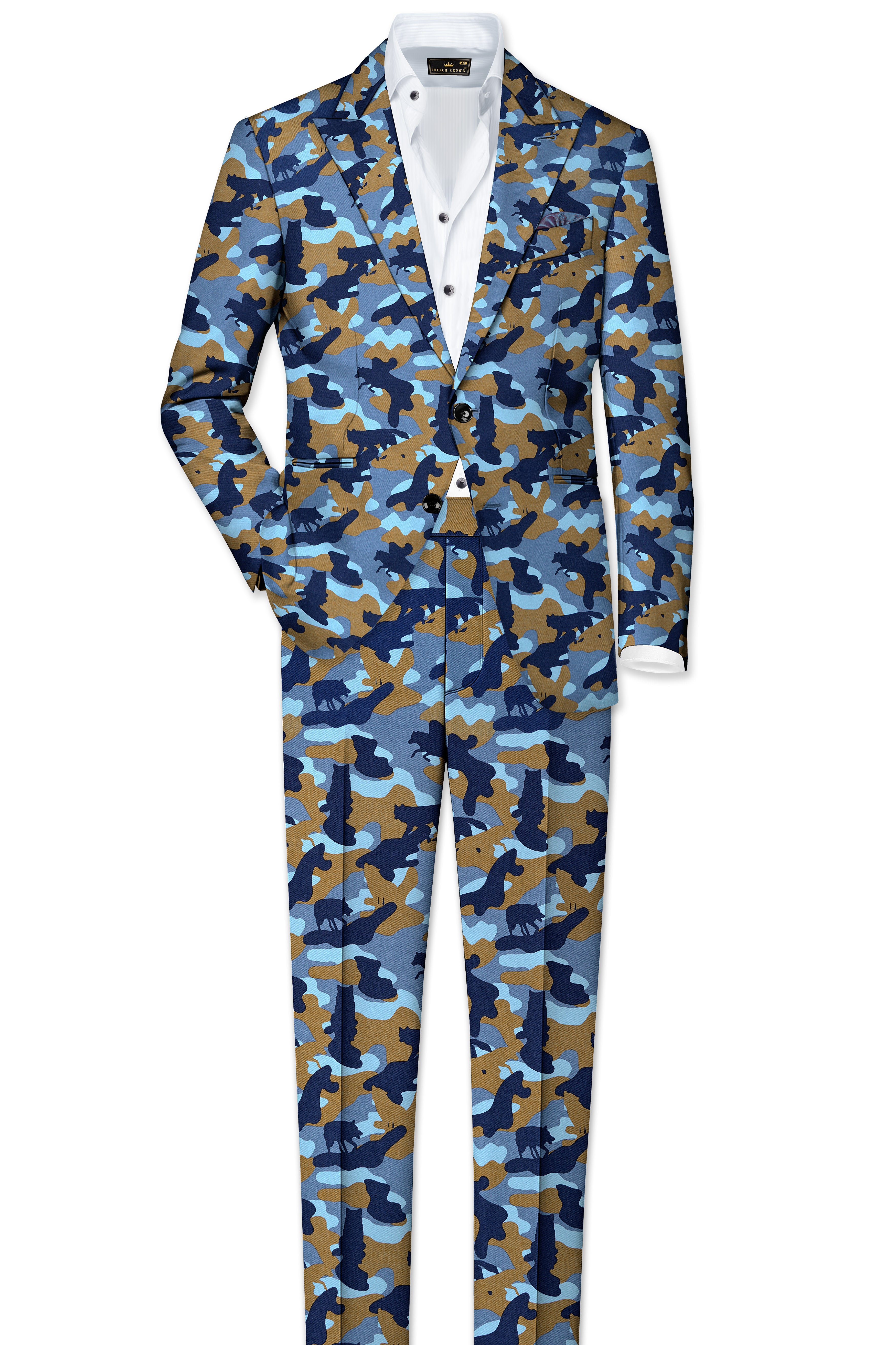 Martinique Blue And Irish Brown Camouflage Printed Single Breasted Blazer
