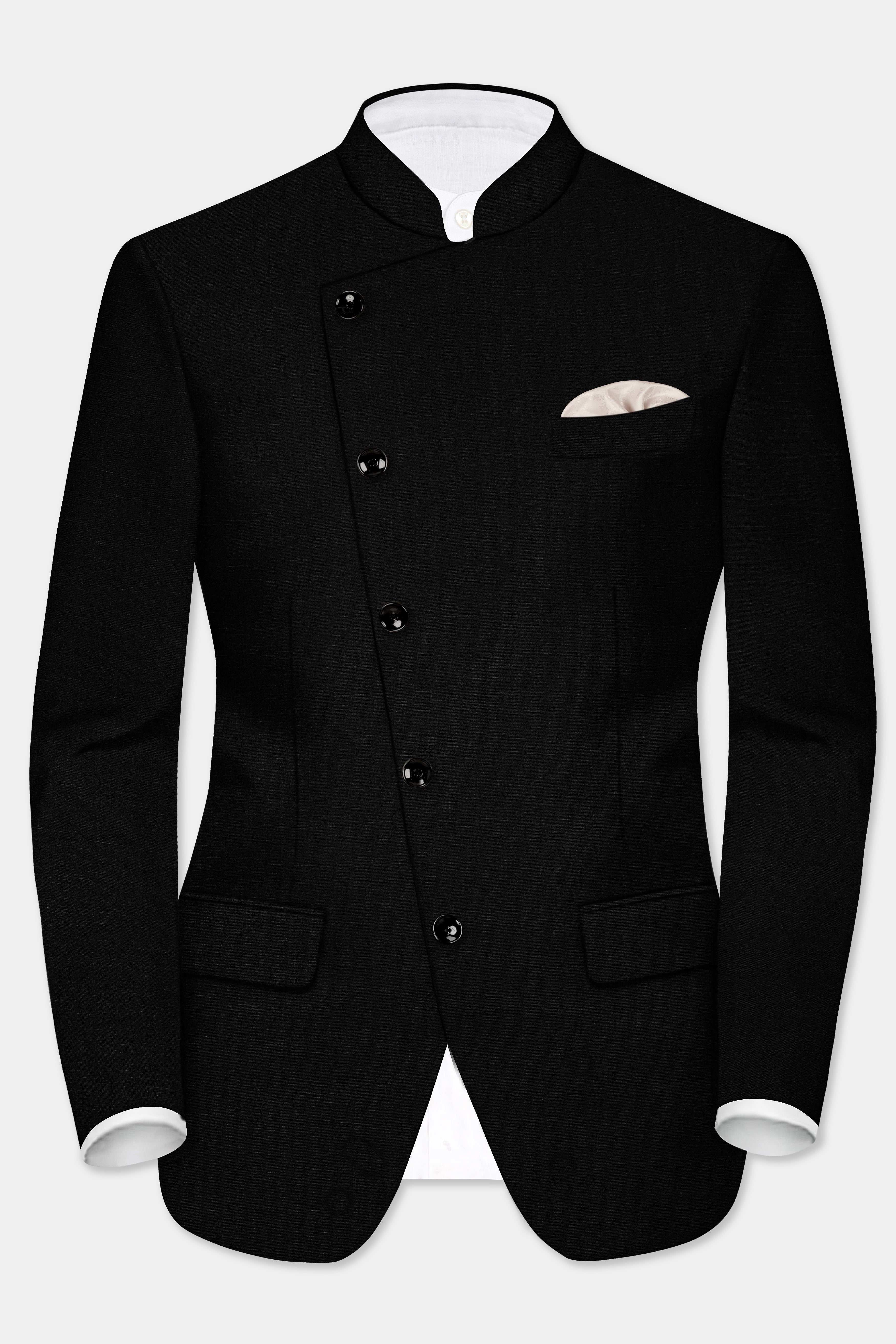 Jade Black Solid Wool Rich Cross Placket Bandhgala Stretchable traveler Blazer
