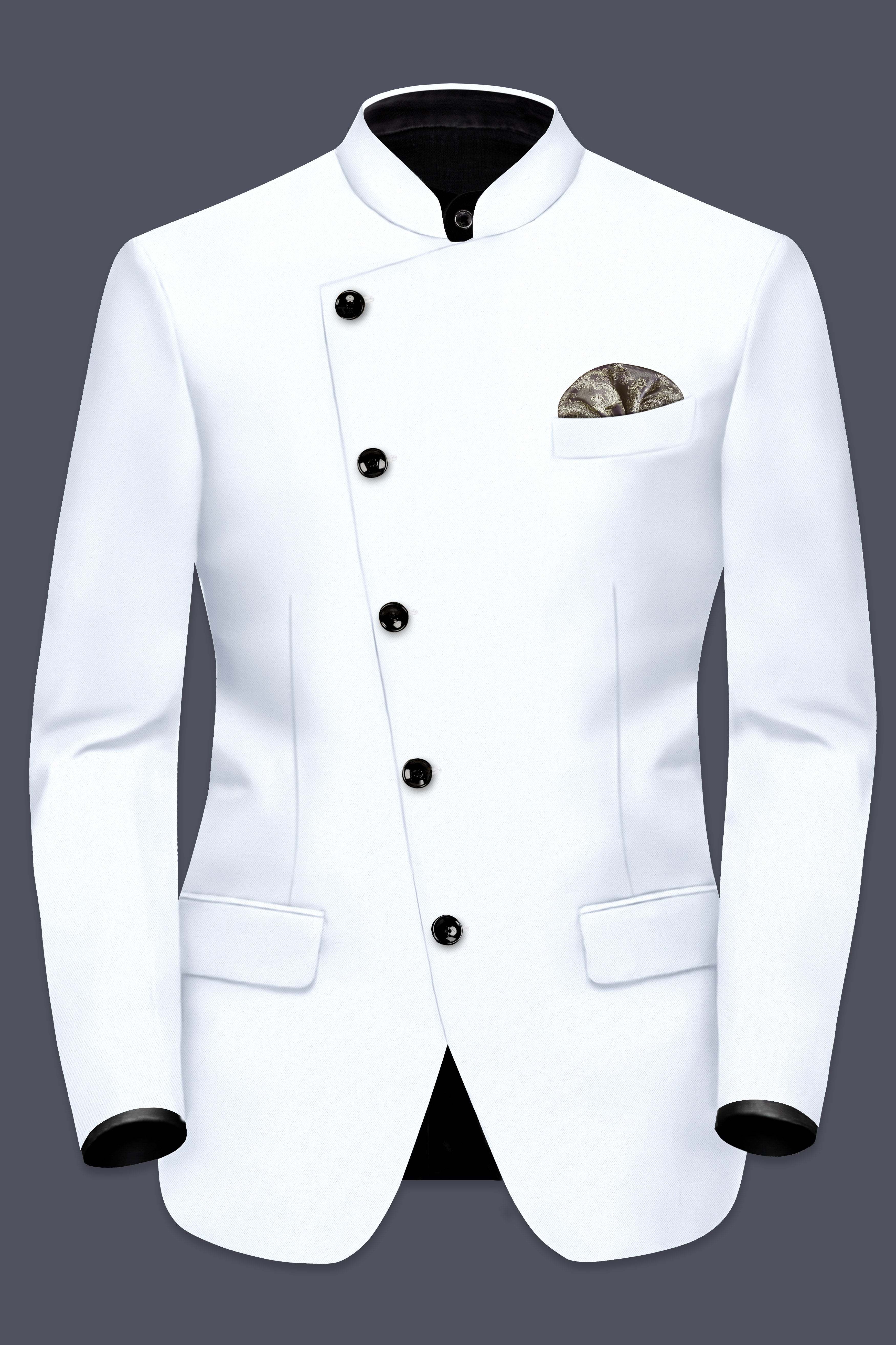 Bright White Solid Wool Rich Cross Placket Bandhgala Stretchable traveler Blazer