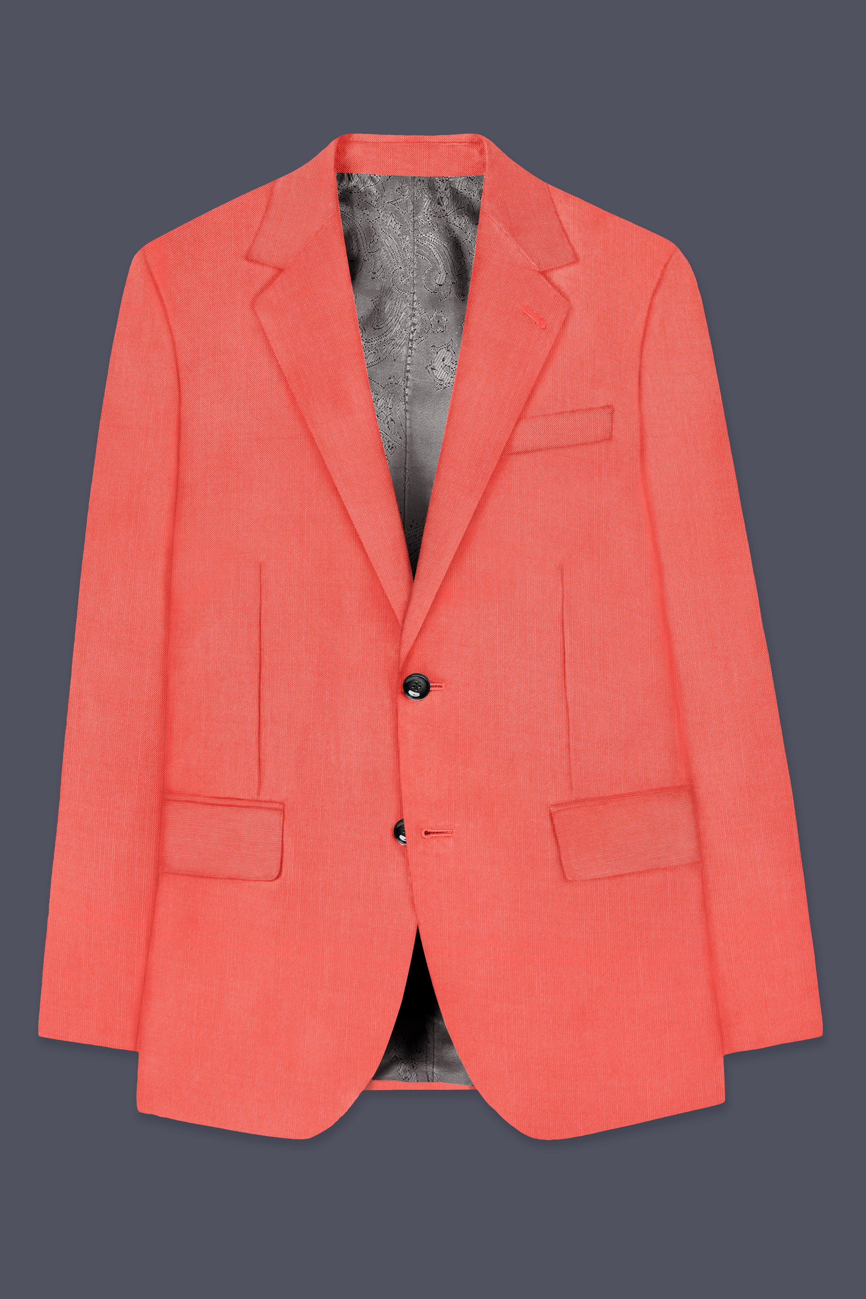 Aurora-Salmon Orange Solid Wool Rich Single Breasted Stretchable traveler Blazer