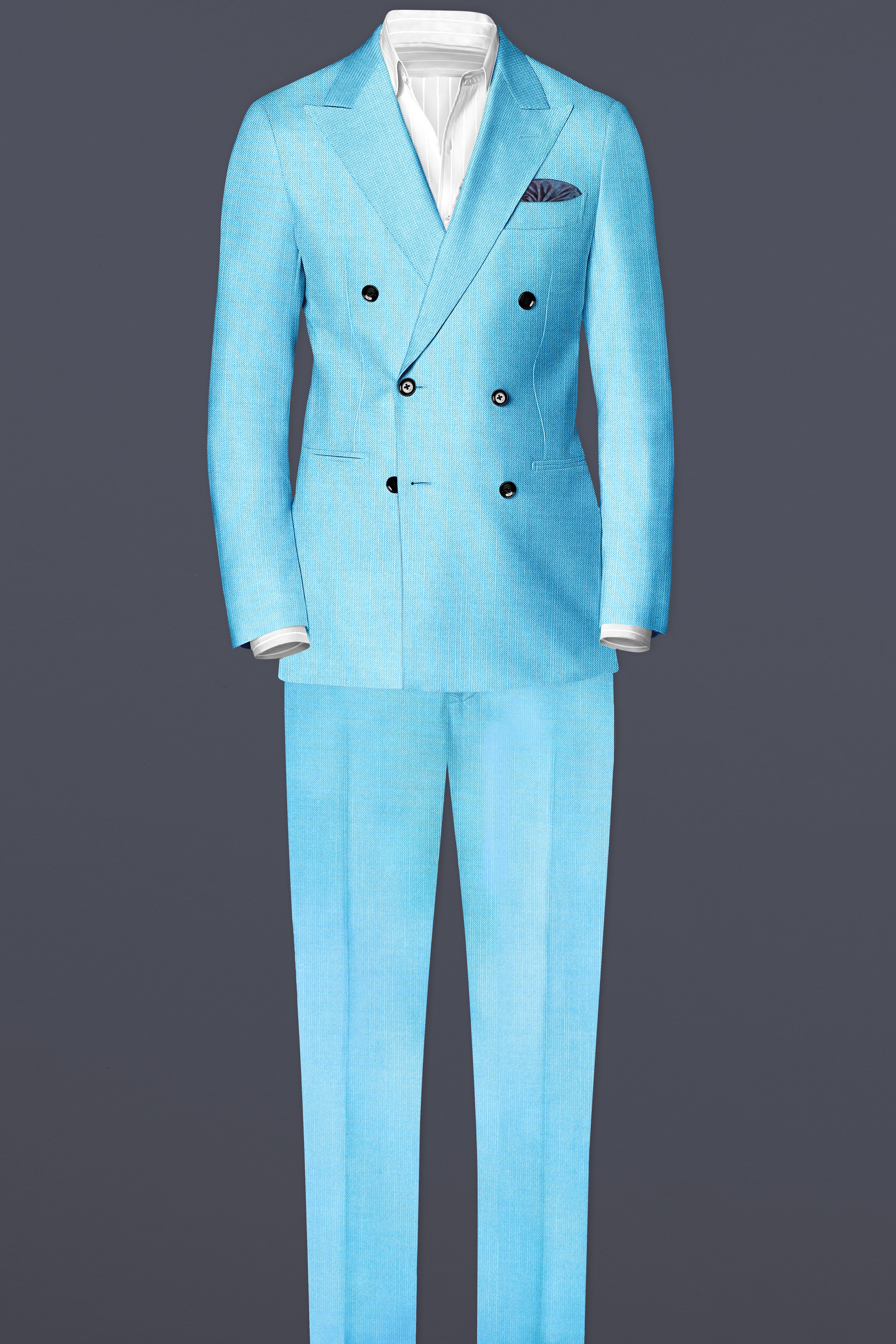 Iceland-Aquamarine Blue Solid Wool Rich Double Breasted Slight Stretch Blazer