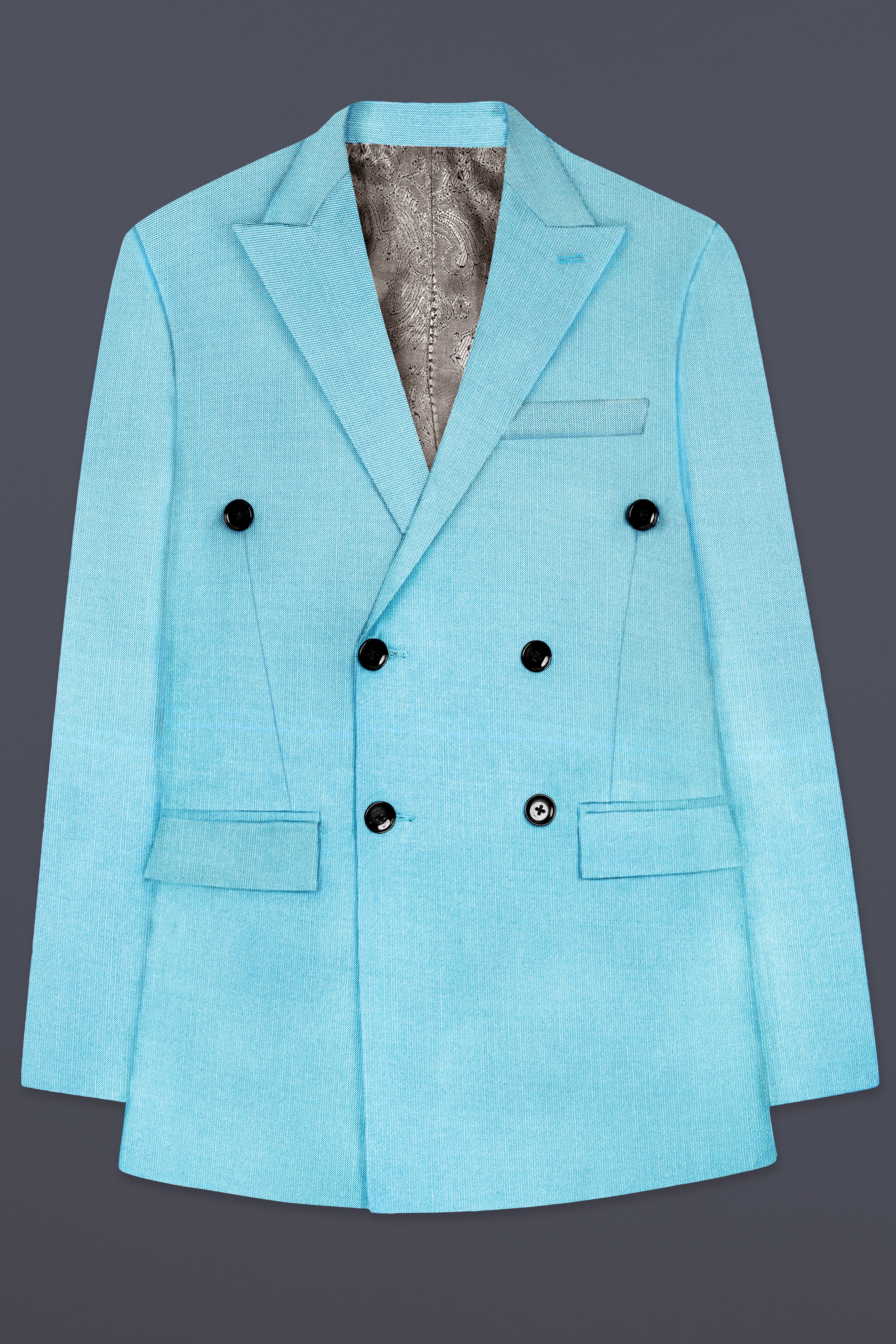 Iceland-Aquamarine Blue Solid Wool Rich Double Breasted Stretchable traveler Blazer