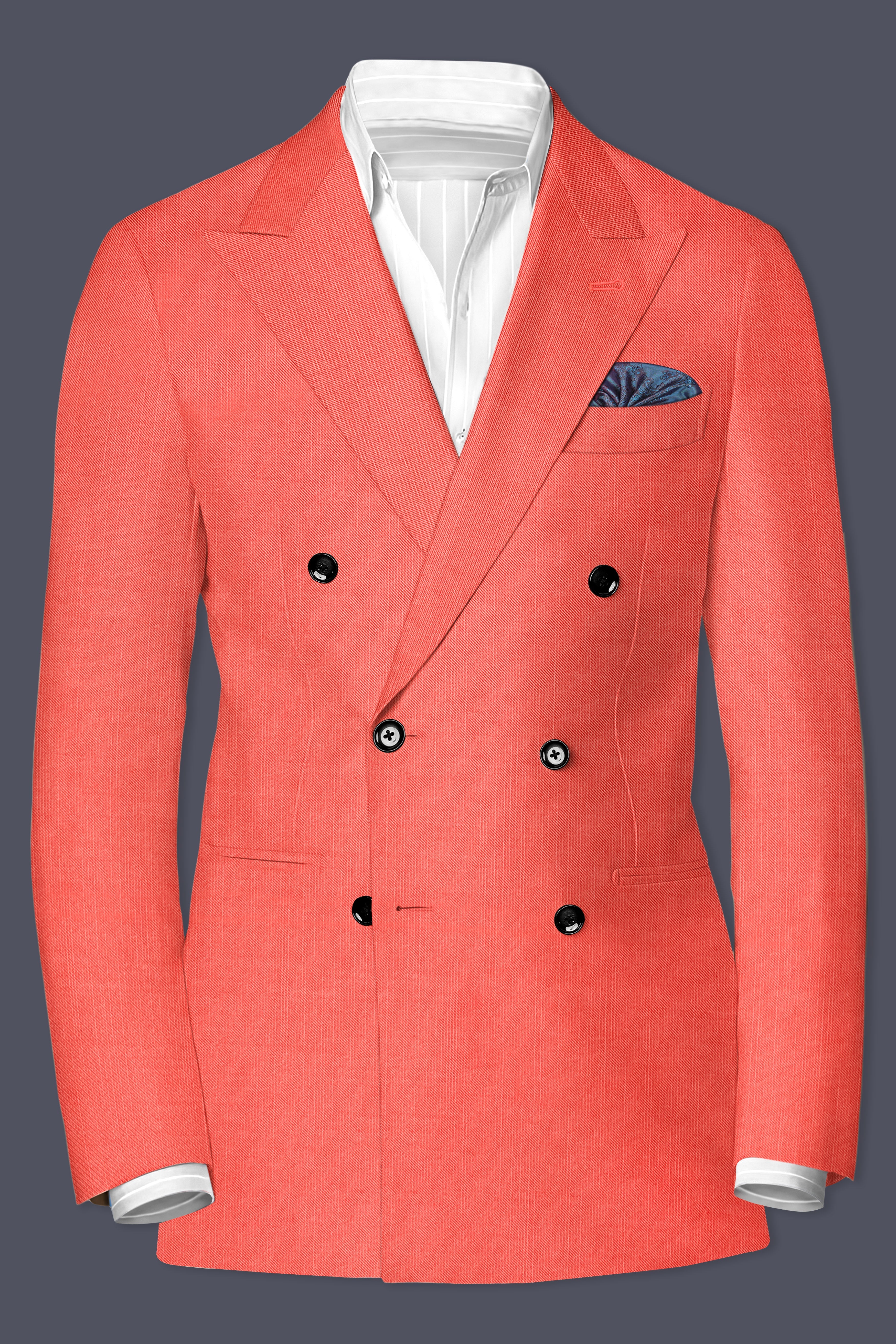 Aurora-Salmon Orange Solid Wool Rich Double Breasted Stretchable traveler Blazer