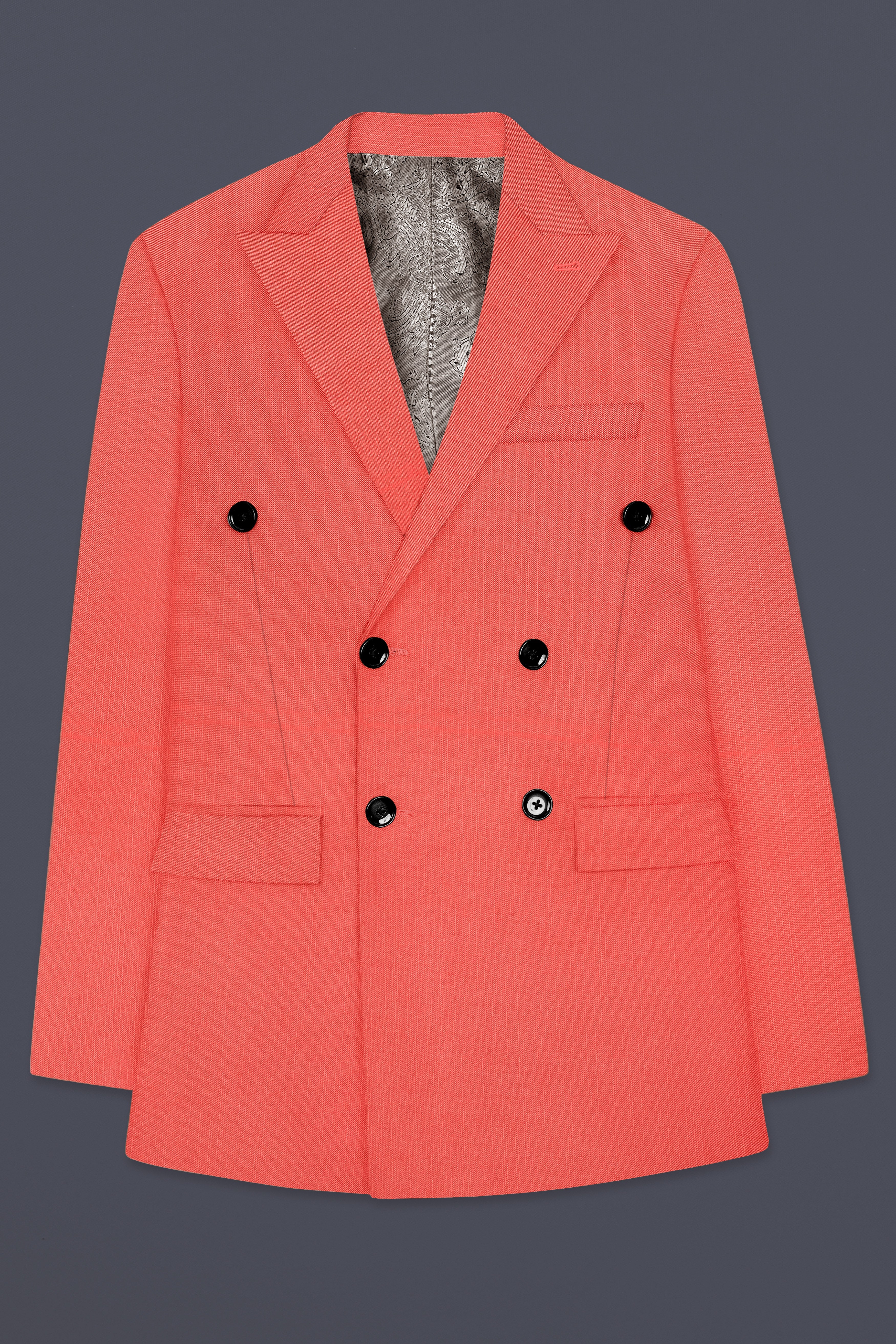 Aurora-Salmon Orange Solid Wool Rich Double Breasted Stretchable traveler Blazer
