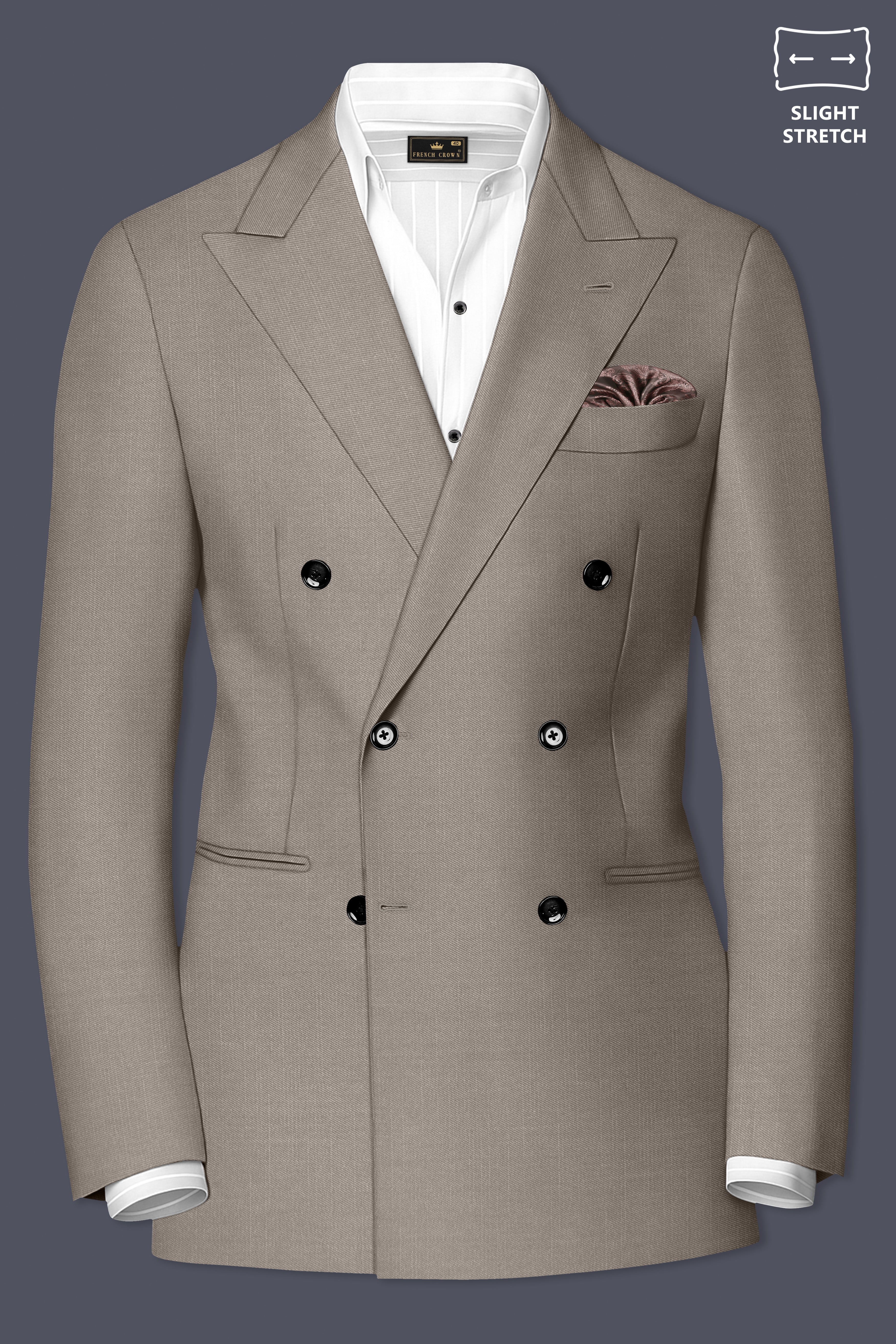 Amour-Dusty Brown Solid Wool Rich Double Breasted Slight Stretch Blazer