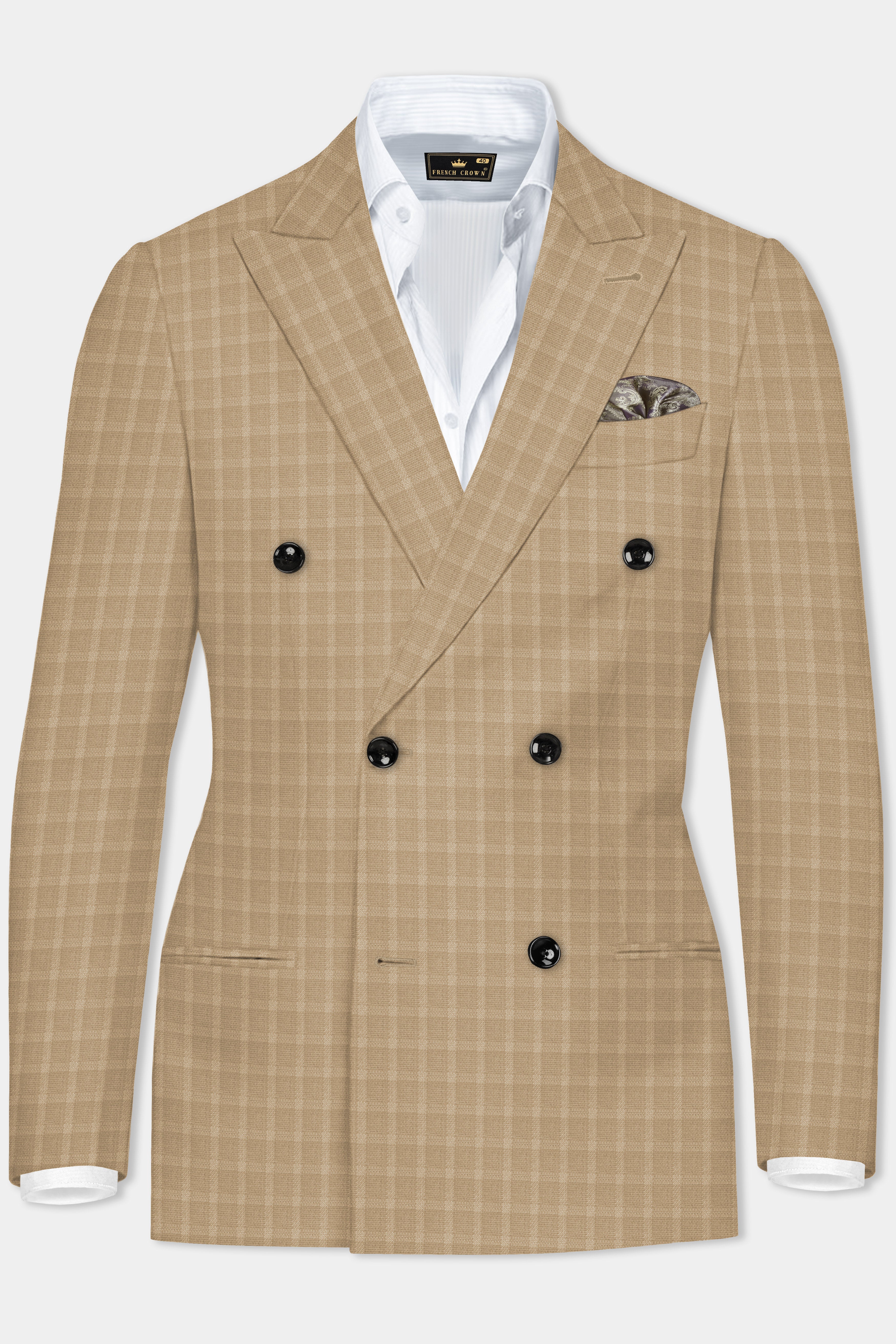 Stone Brown Plaid Wool Rich Double Breasted Blazer