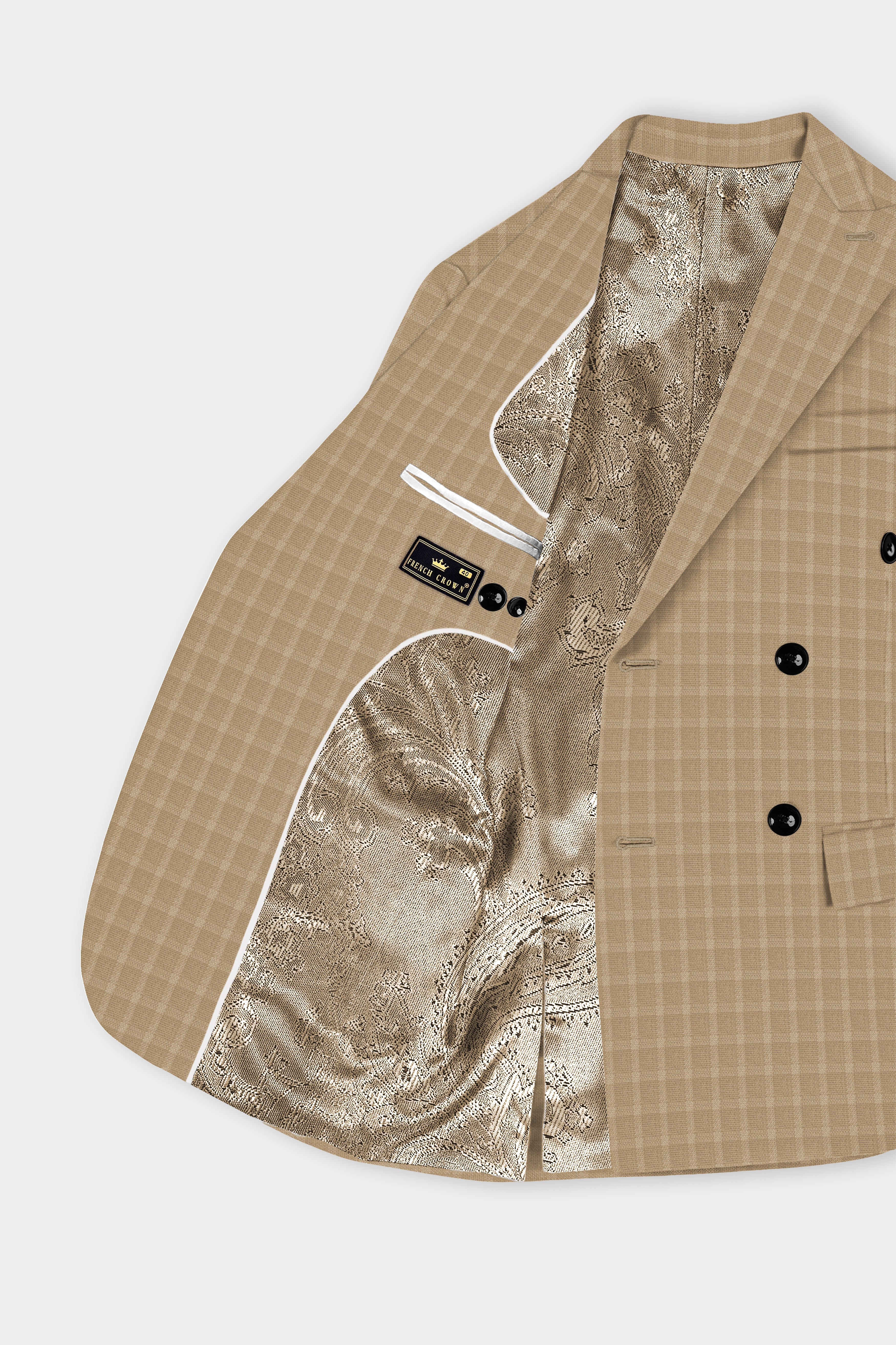 Stone Brown Plaid Wool Rich Double Breasted Blazer