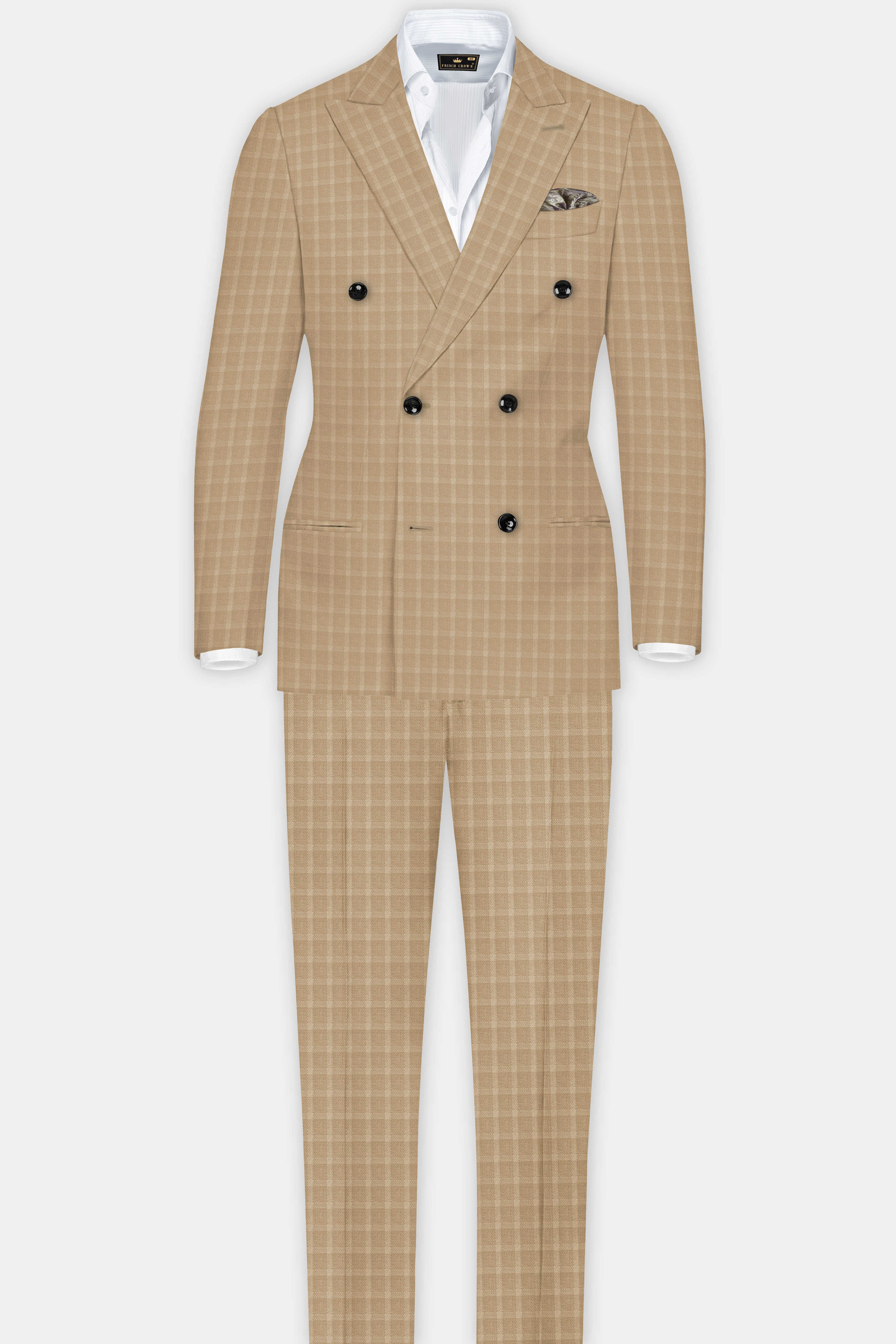 Stone Brown Plaid Wool Rich Double Breasted Blazer