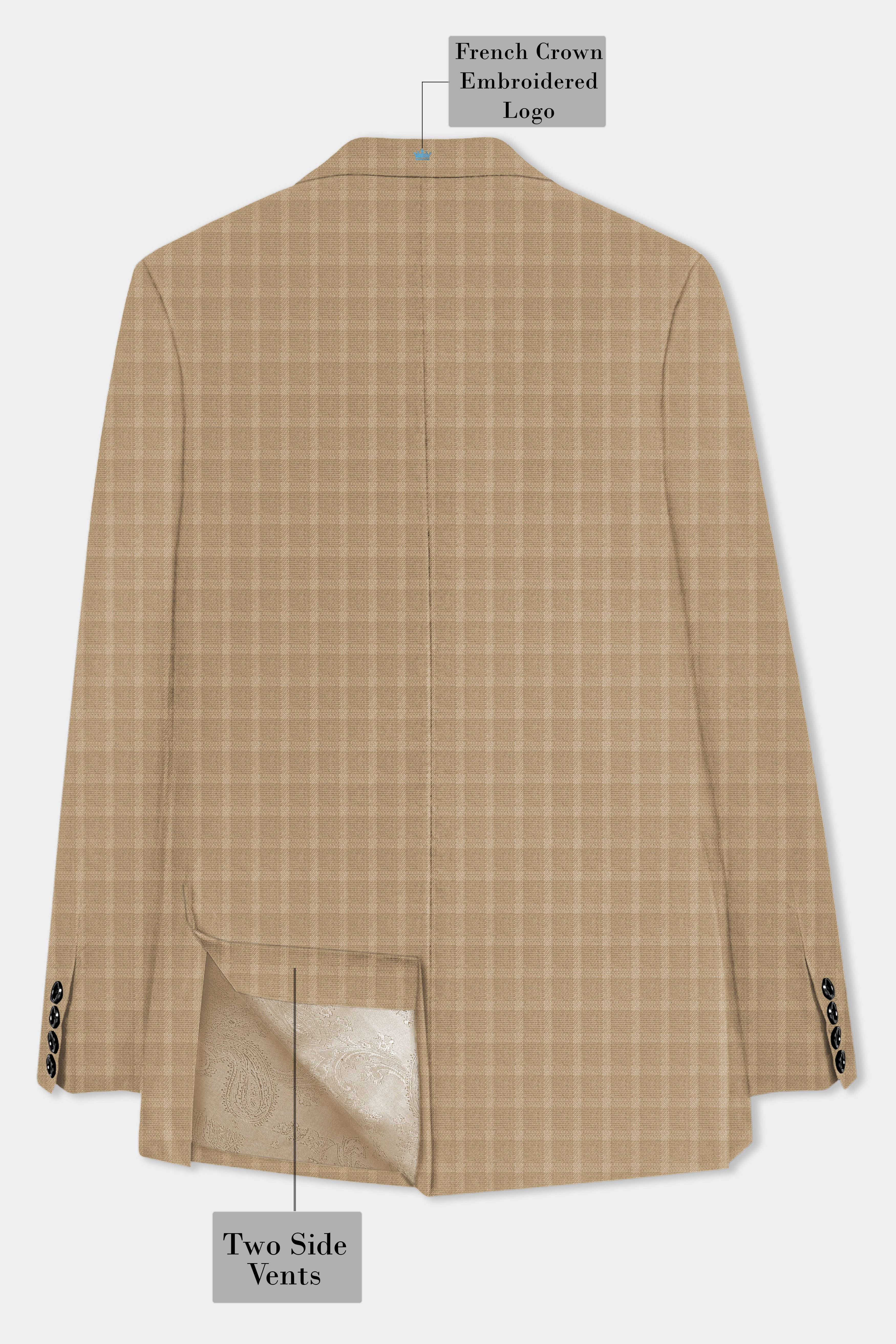 Stone Brown Plaid Wool Rich Double Breasted Blazer
