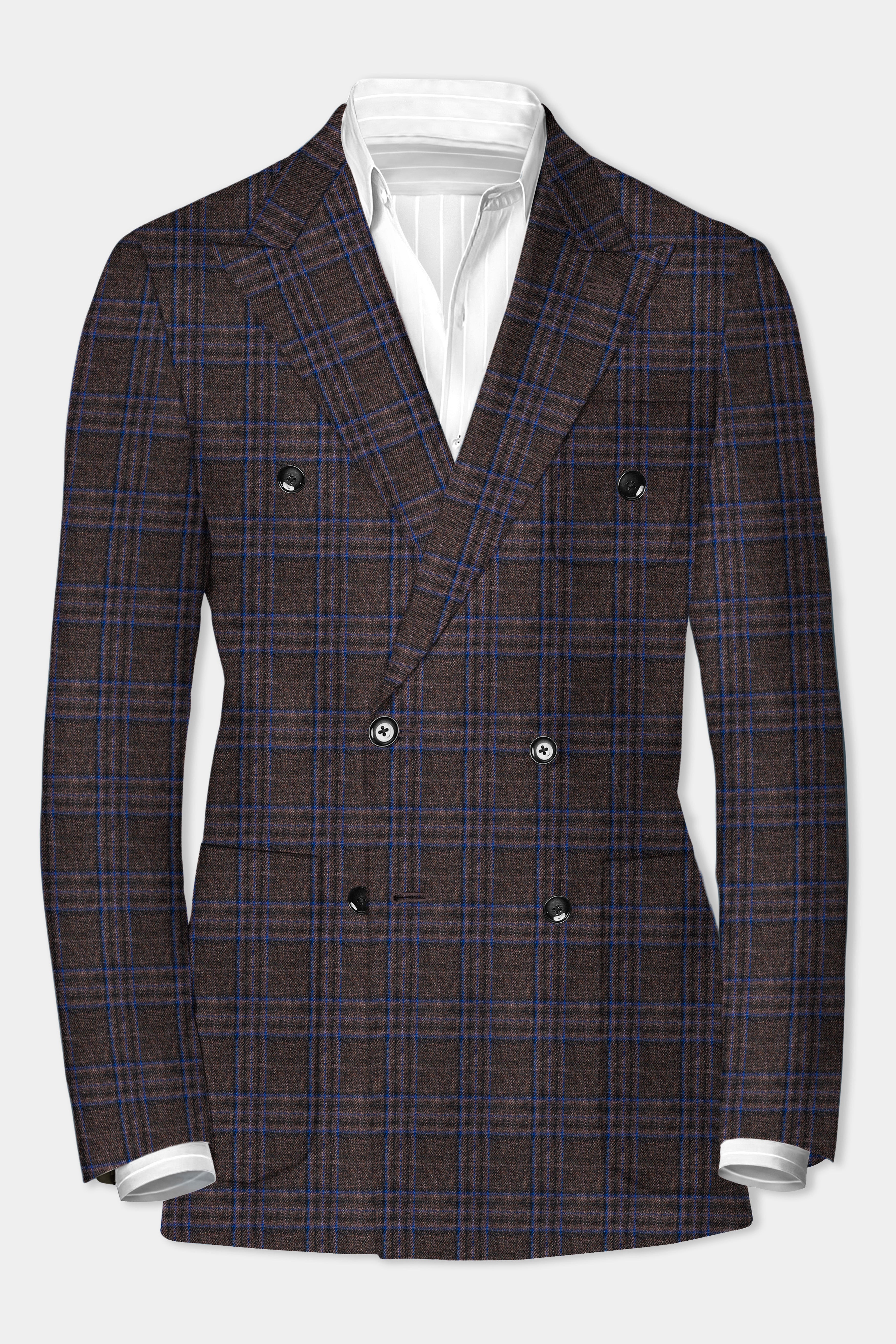 Brich Brown Plaid Wool Rich Double Breasted Sport Blazer