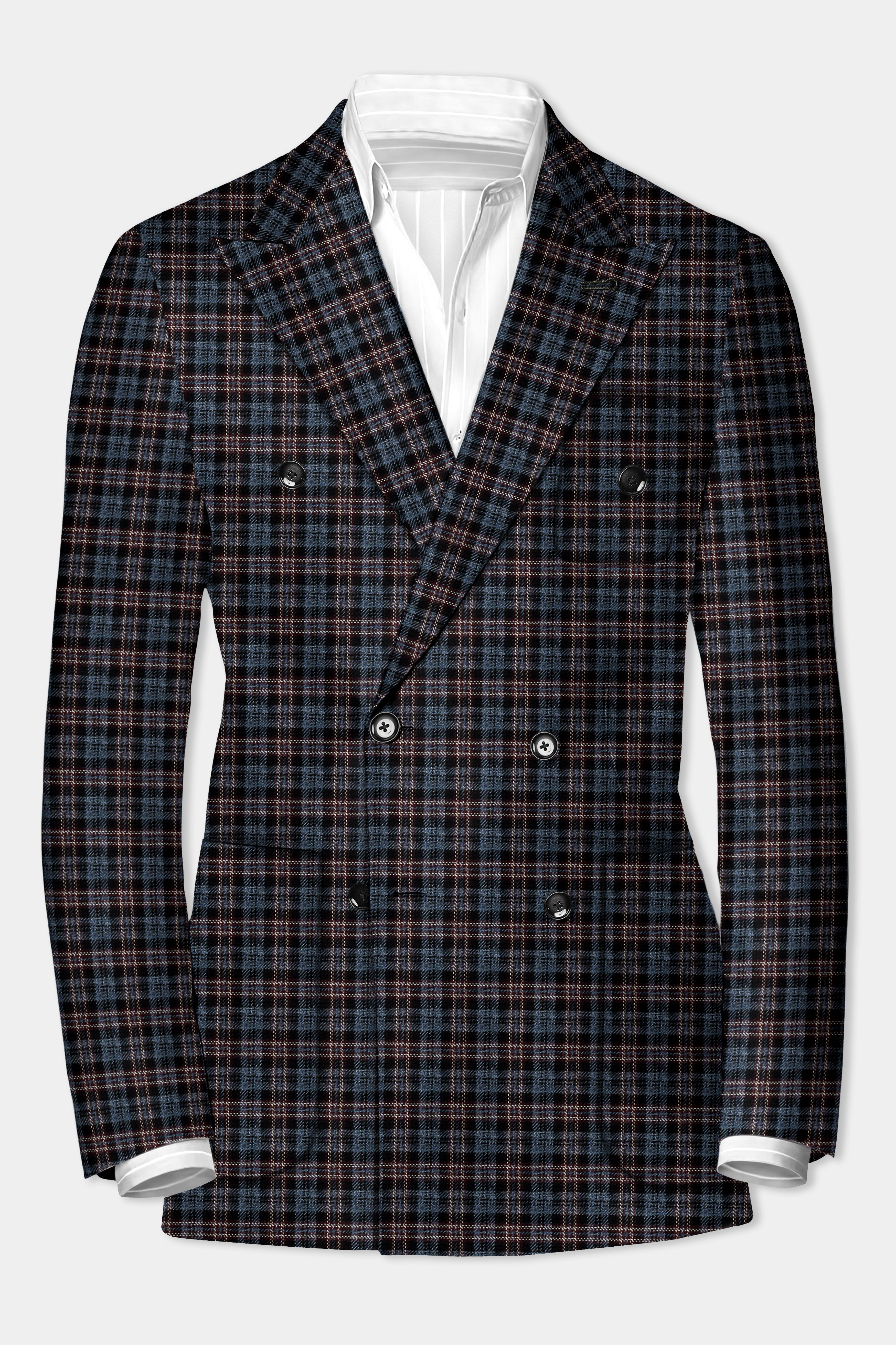 Asphalt Blue Plaid Wool Rich Double Breasted Sport Blazer
