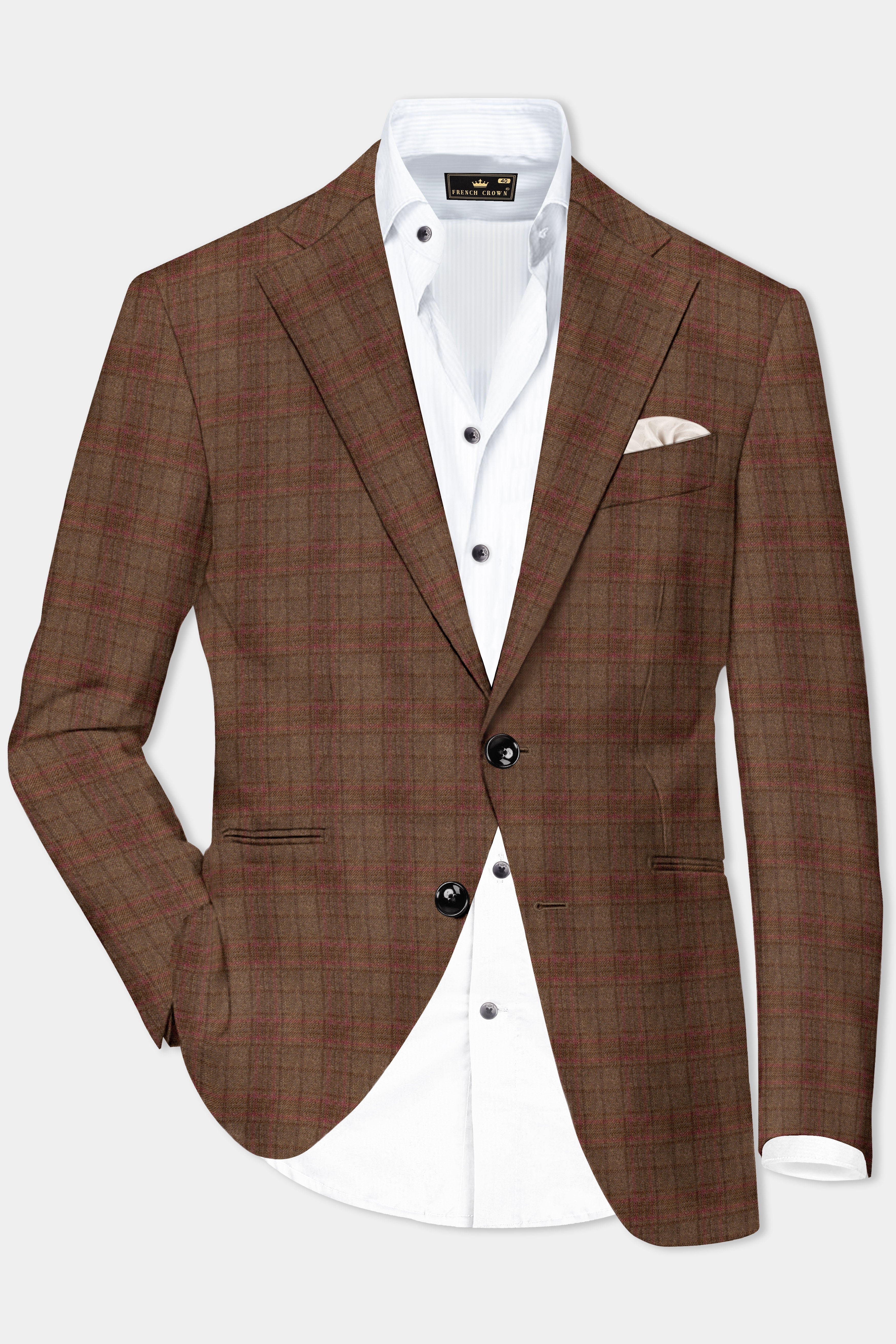 Cango Brown Plaid Wool Rich Single Breasted Blazer