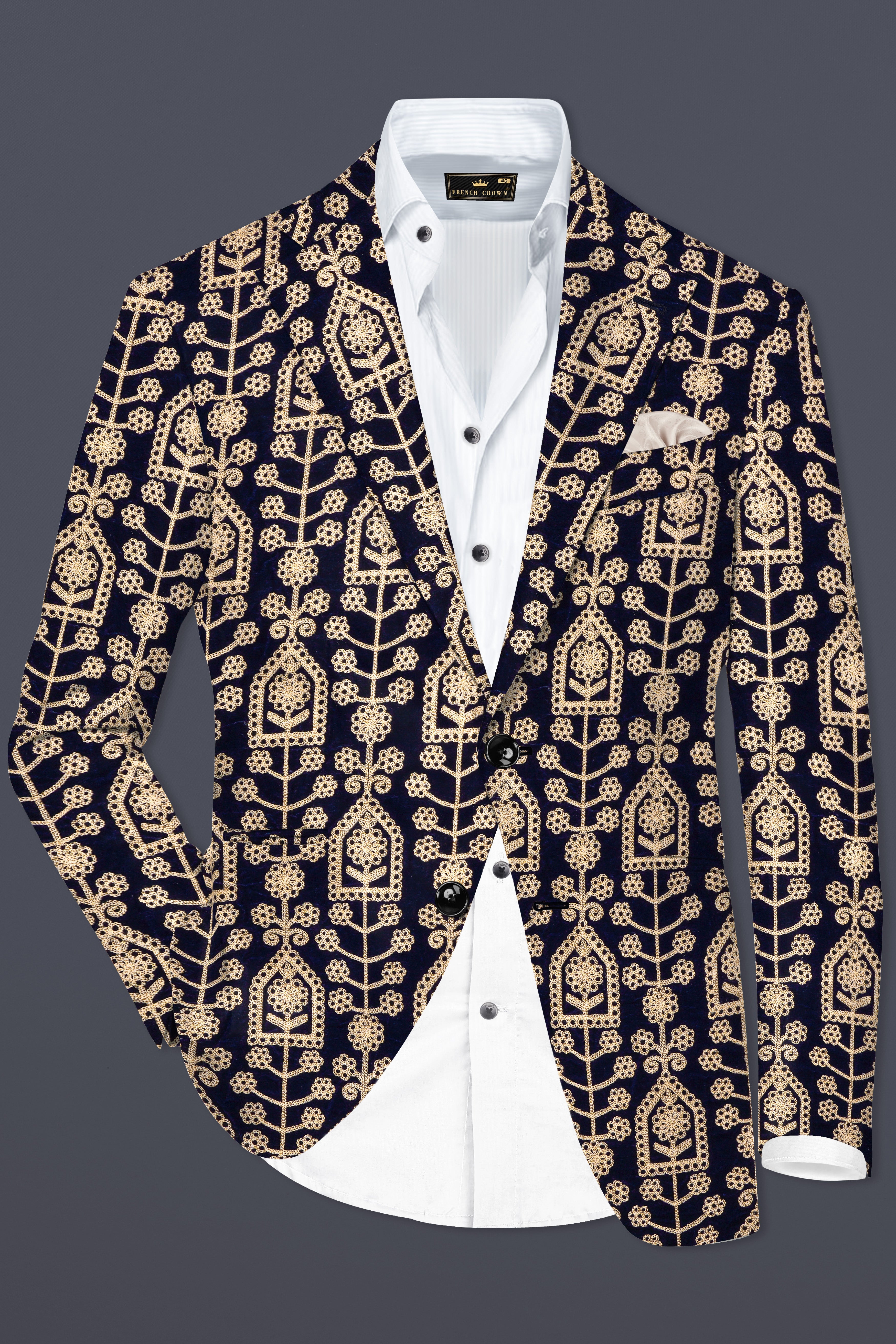 Navy Blue Thread Work Embroidered Velvet Single Breasted Blazer