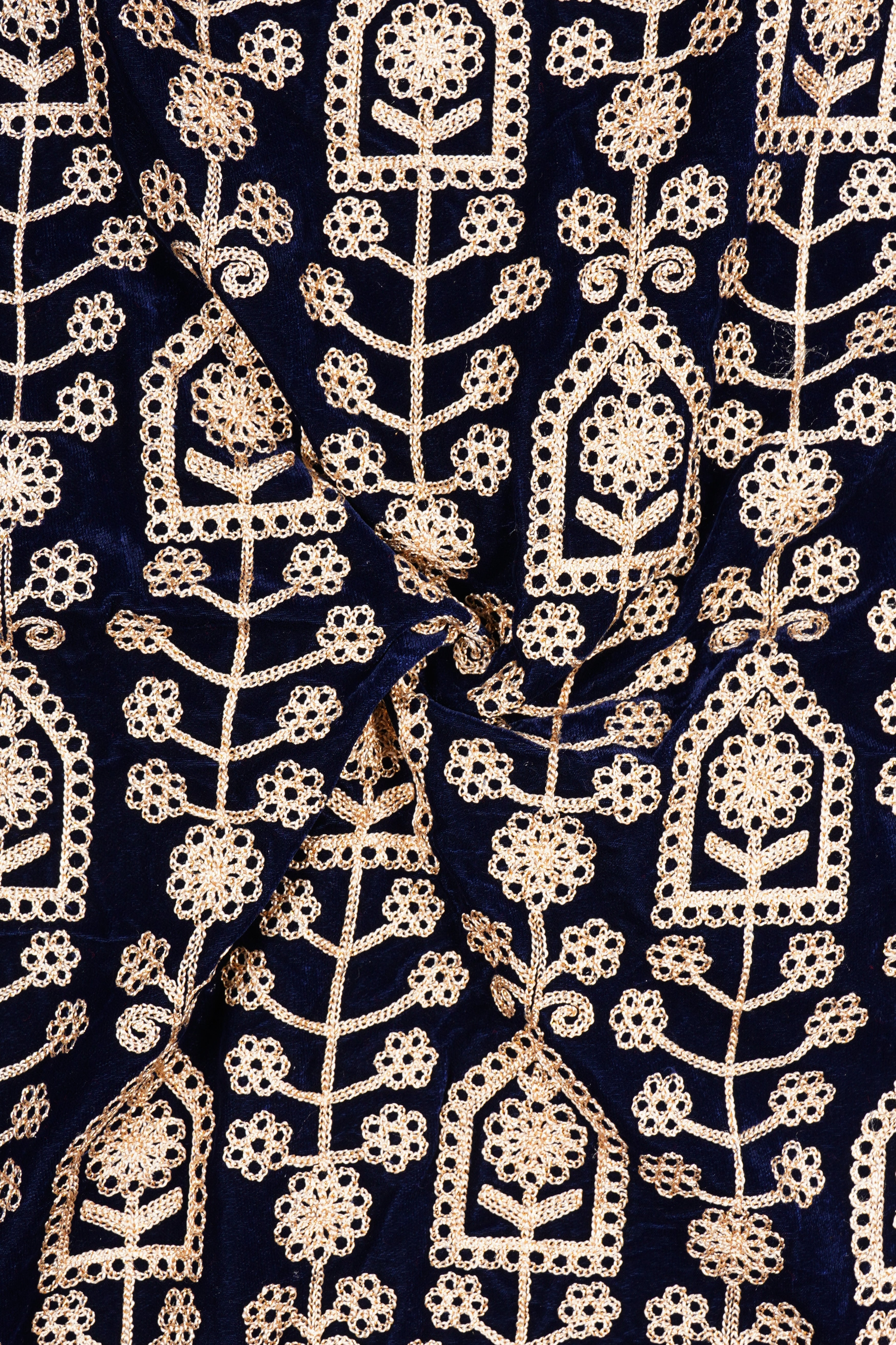 Navy Blue Thread Work Embroidered Velvet Single Breasted Blazer