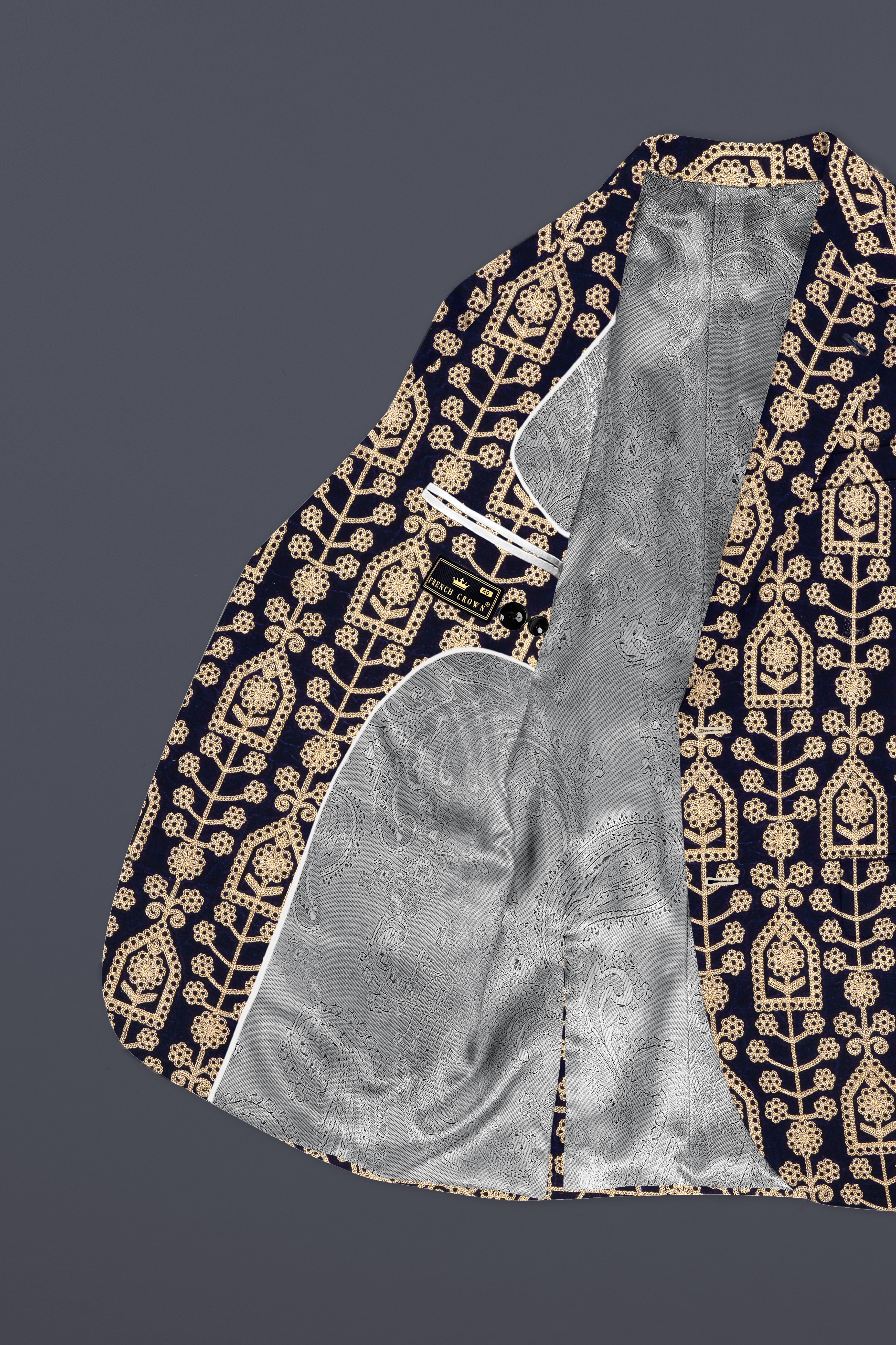 Navy Blue Thread Work Embroidered Velvet Single Breasted Blazer