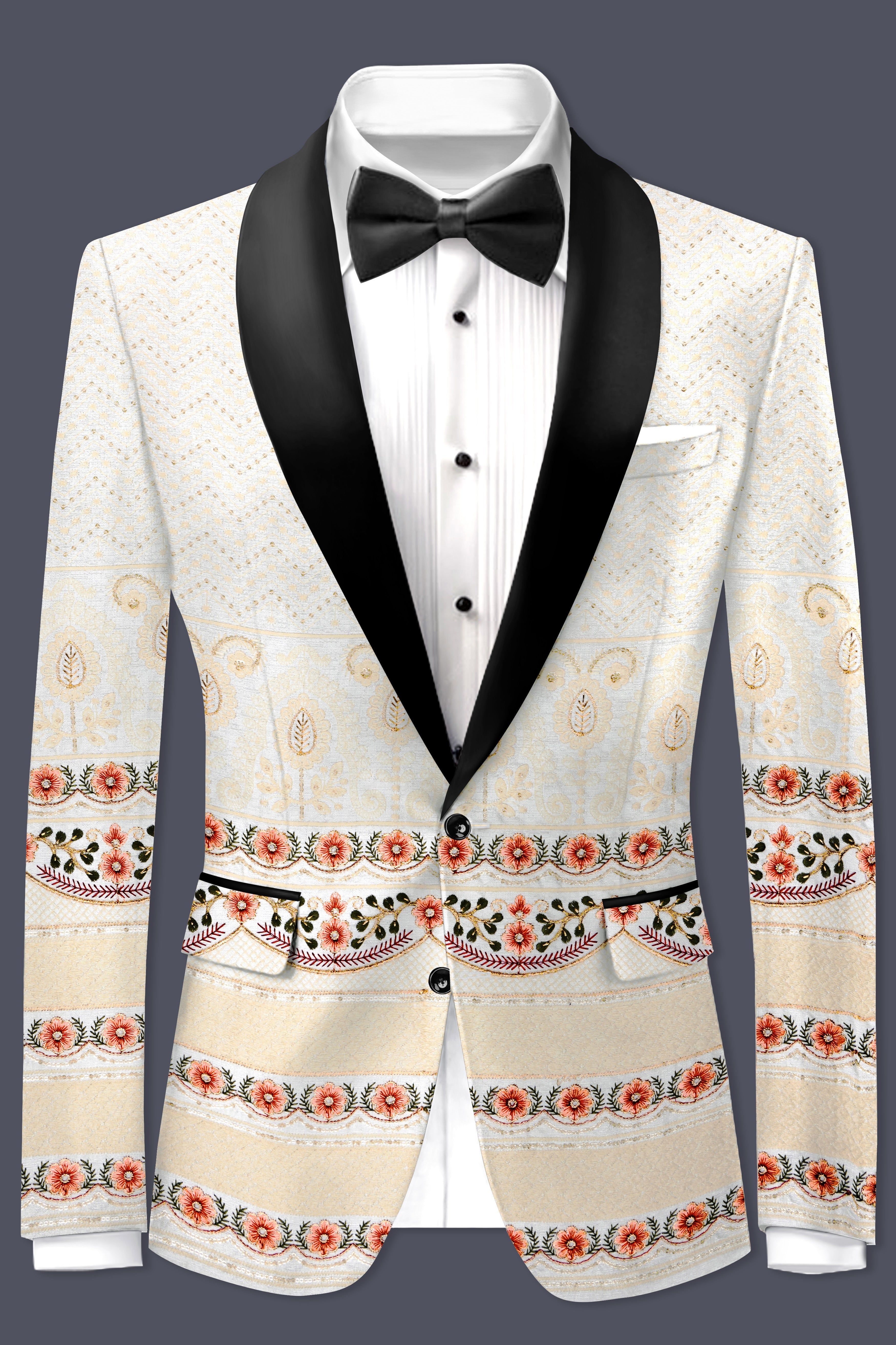 Off White And ApricotPeach Multicolor Sequin and thread Embroidered Tuxedo Blazer