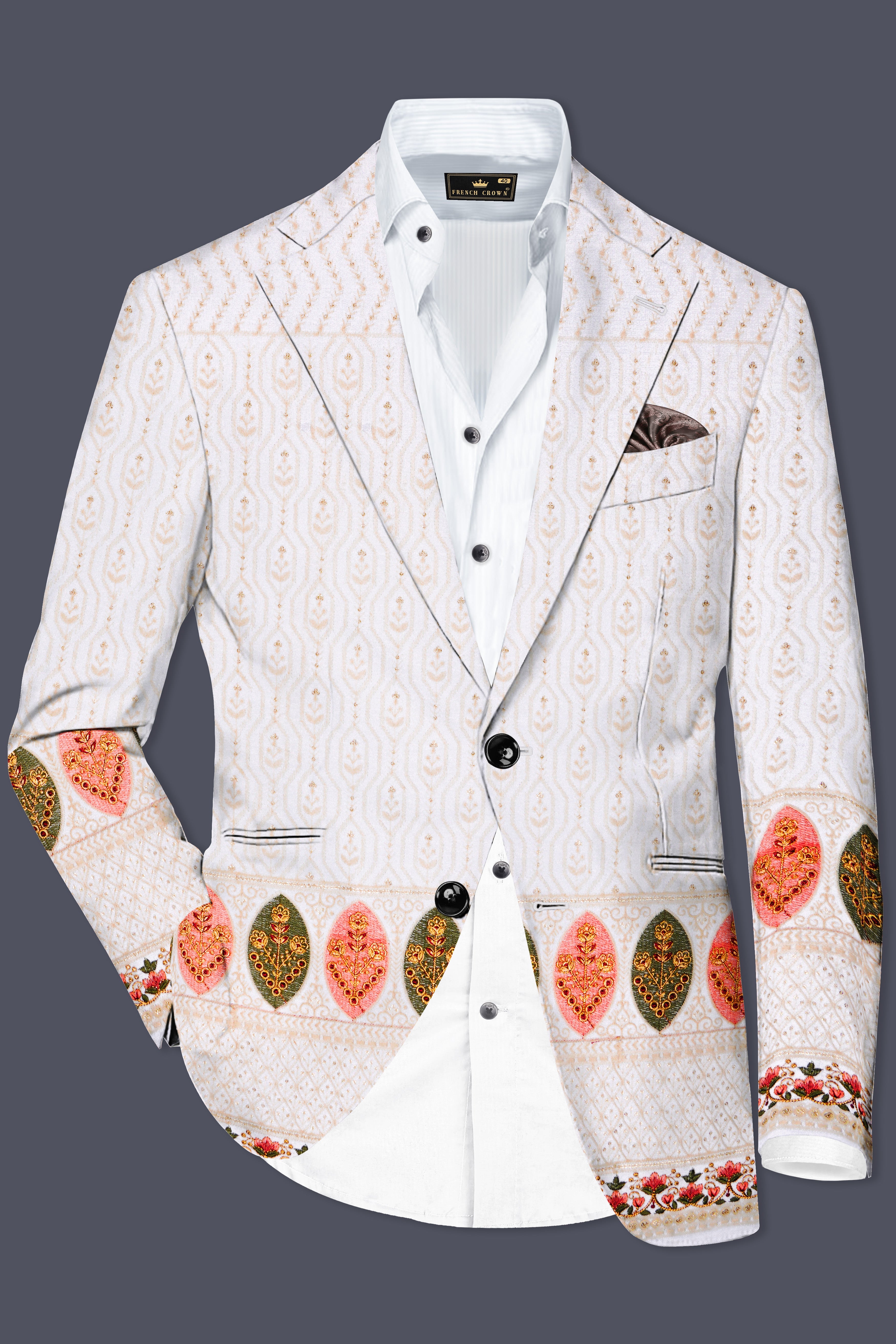 Bright White And Blush Peach Multicolor Sequin and thread leaf Embroidered Single Breasted Blazer
