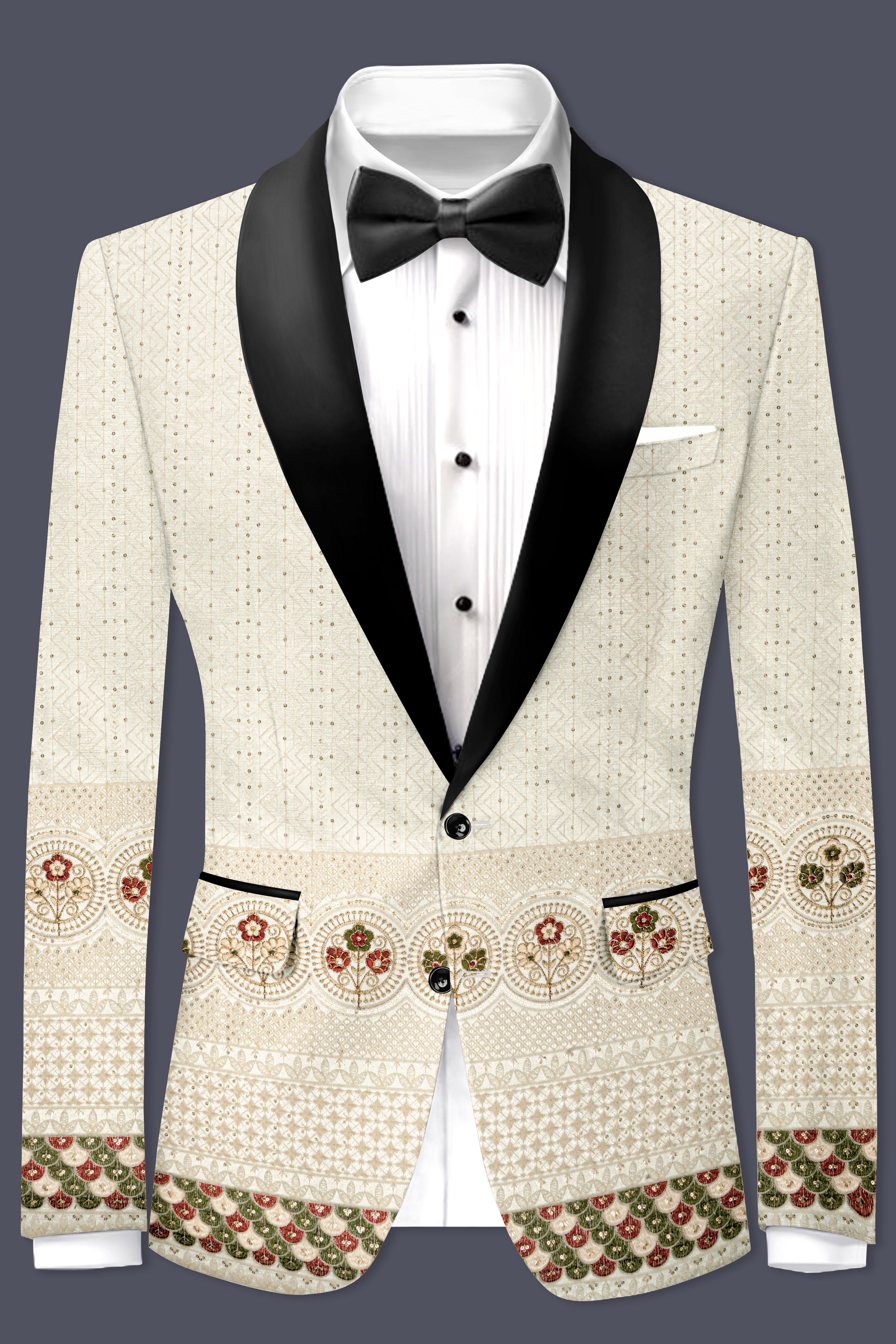 Off White And Blush Peach Multicolor Sequin and thread Embroidered Tuxedo Blazer