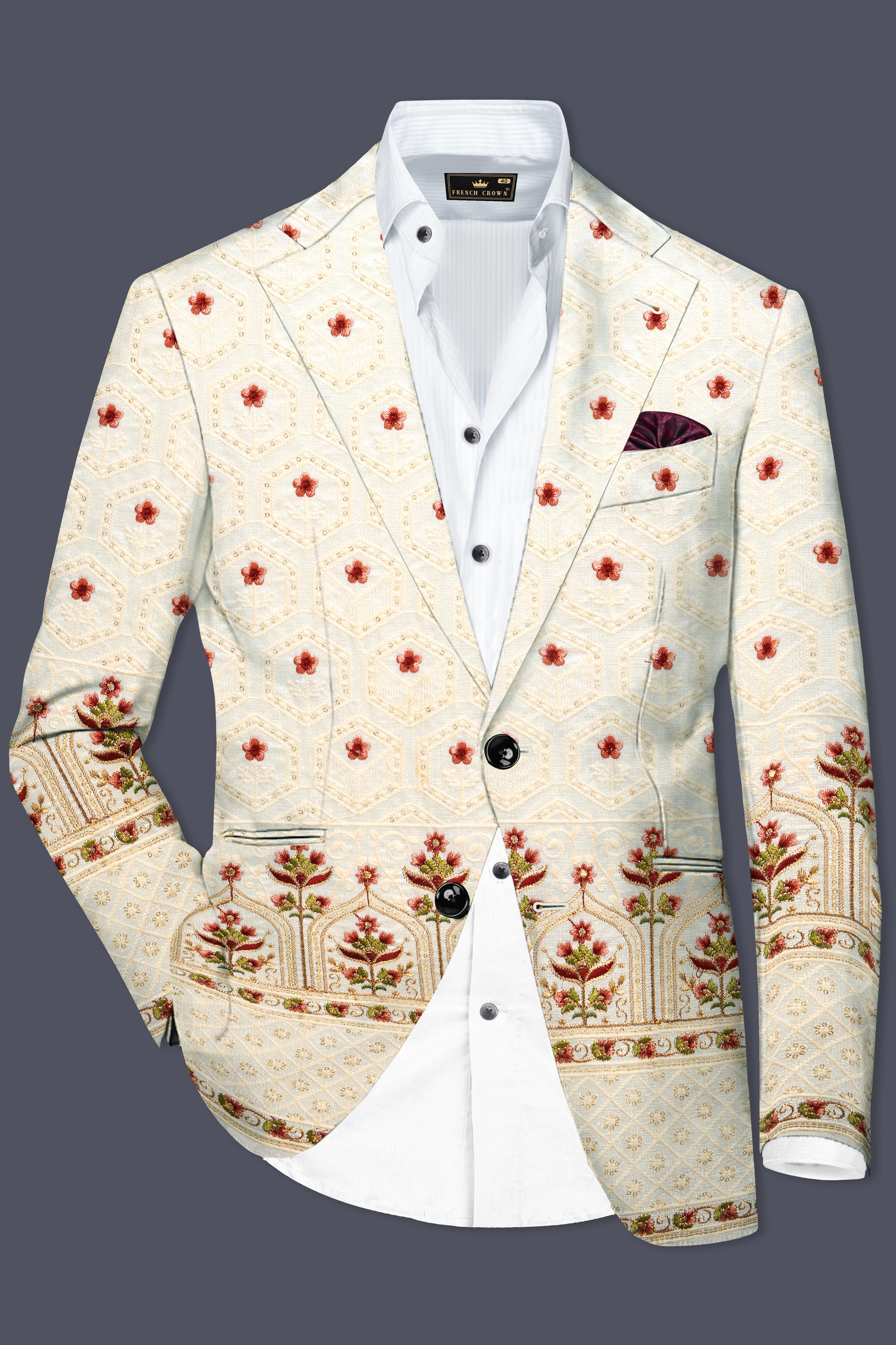 Off White And Saratoga Green Multicolor Sequin and thread Embroidered Single Breasted Blazer