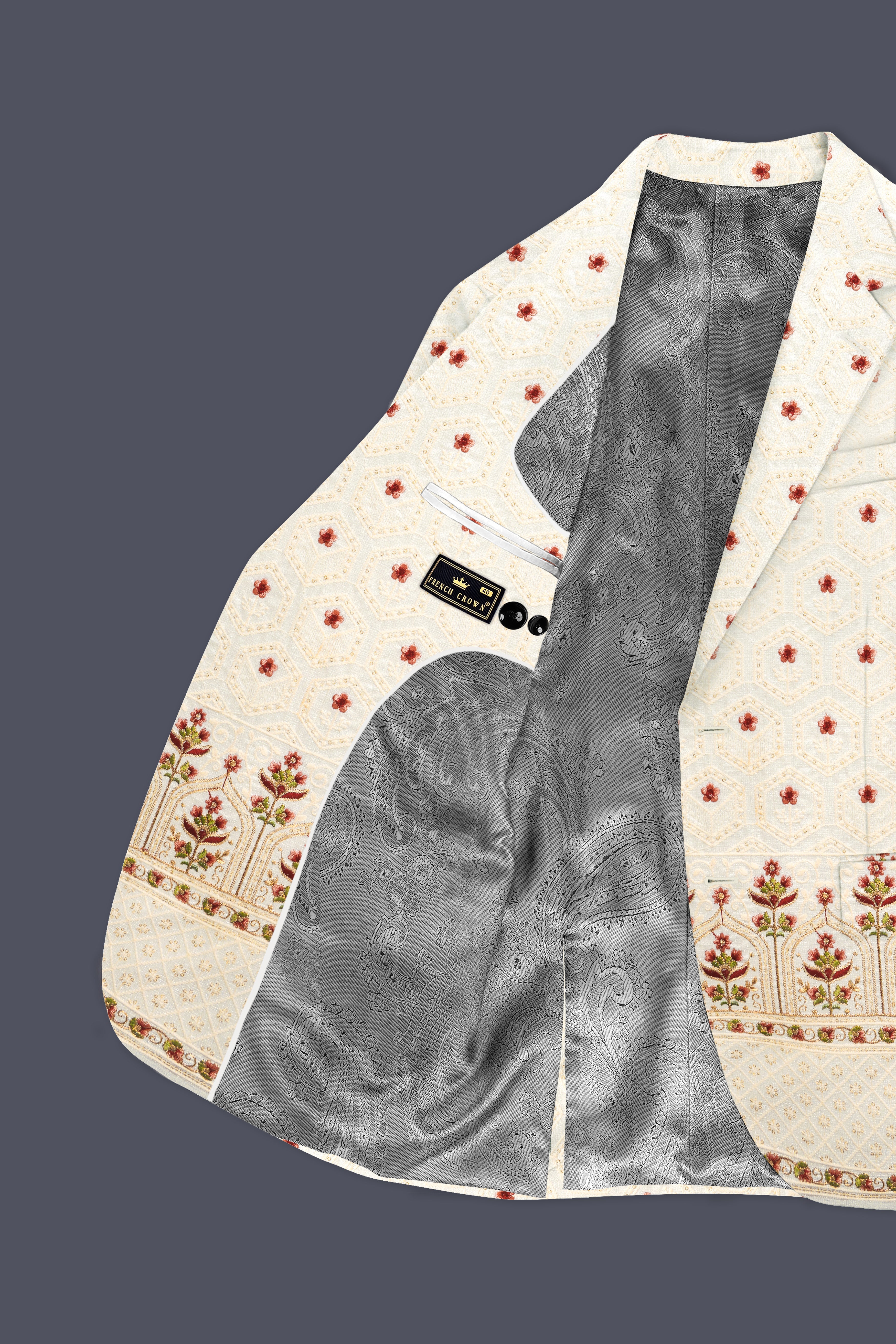 Off White And Saratoga Green Multicolor Sequin and thread Embroidered Single Breasted Blazer