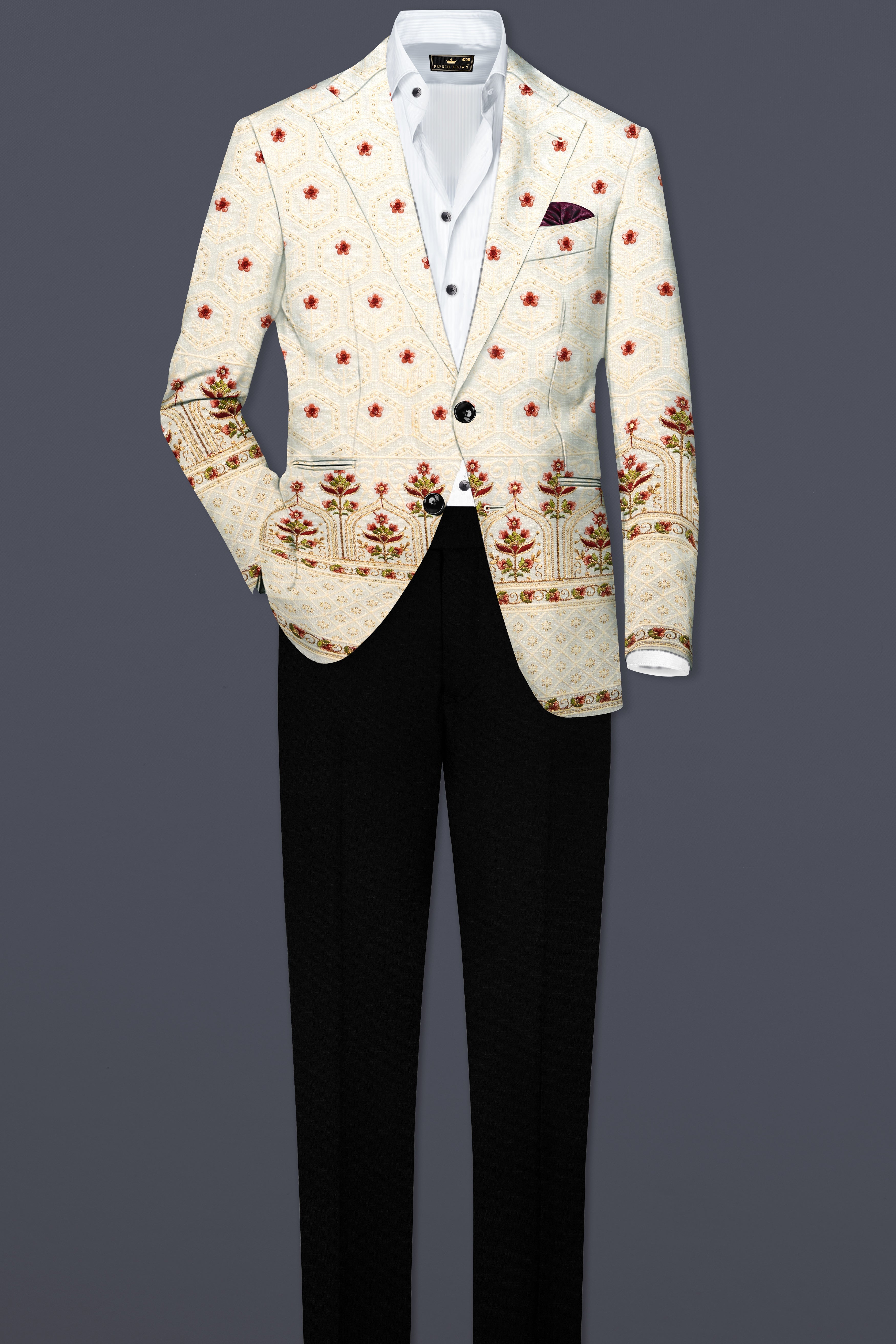 Off White And Saratoga Green Multicolor Sequin and thread Embroidered Single Breasted Blazer
