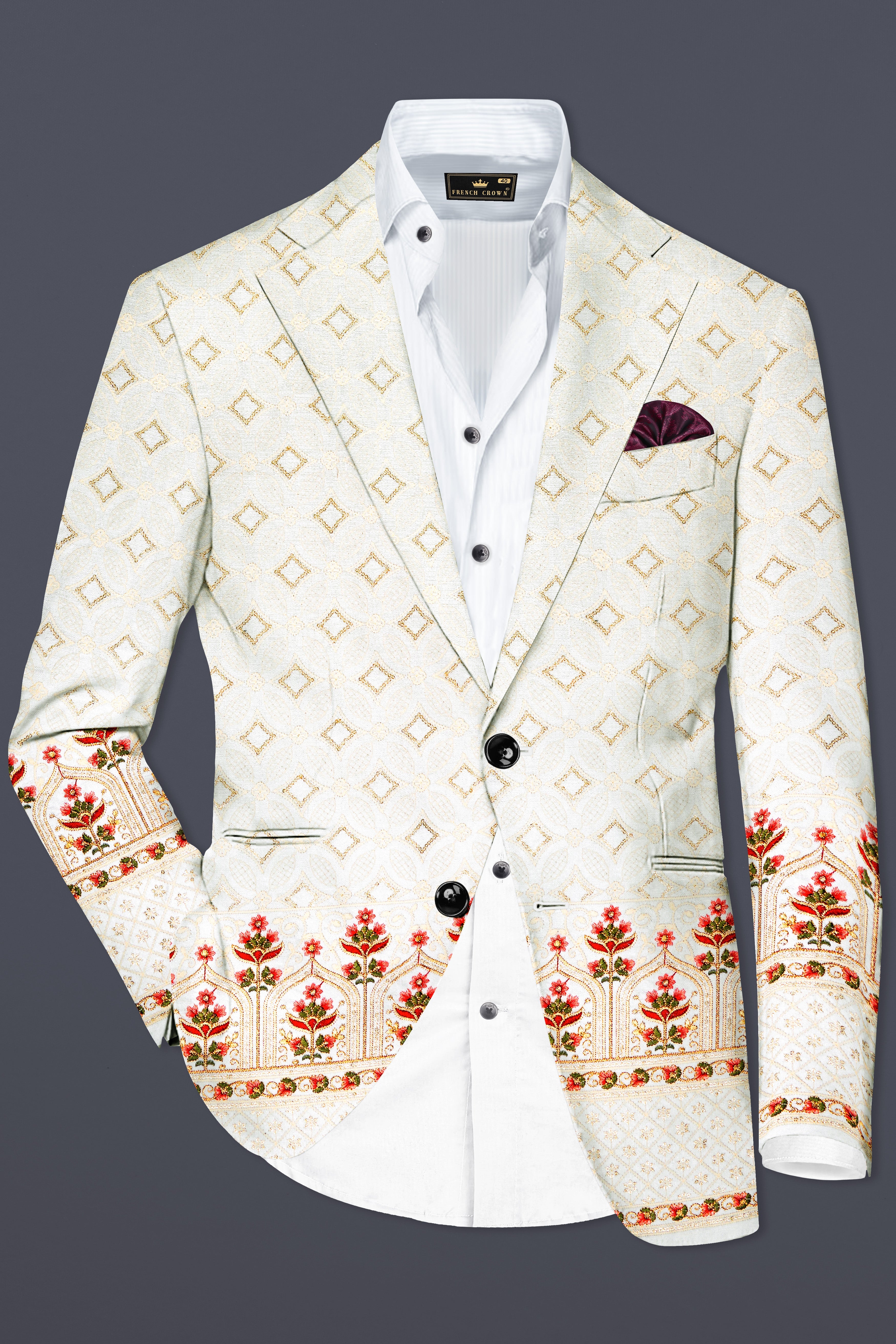 Off White And Sunset Pink Flower Multicolor Sequin and thread Embroidered Single Breasted Blazer