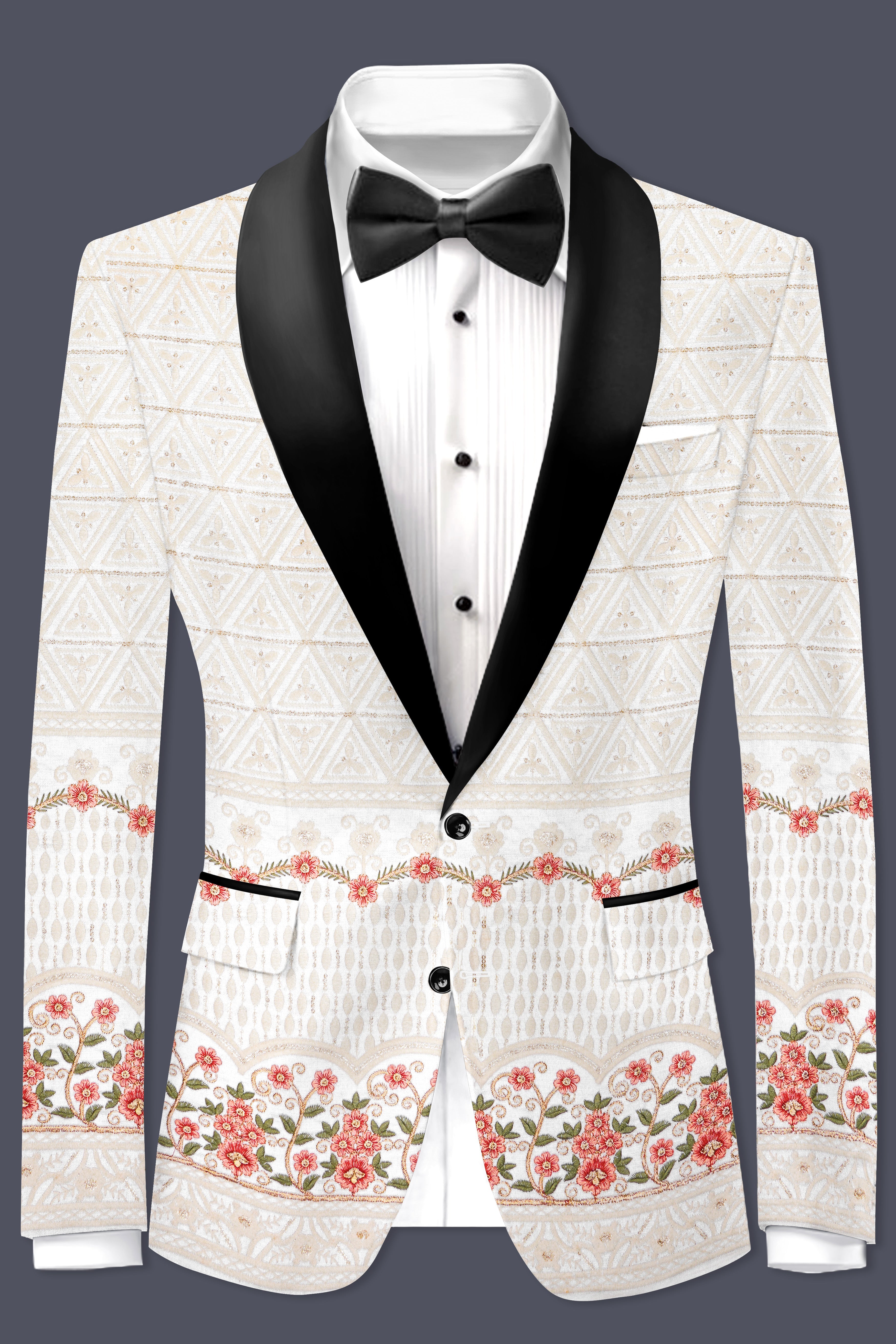 Bright White And Apricot Peach Multicolor Sequin and thread Embroidered Tuxedo Blazer
