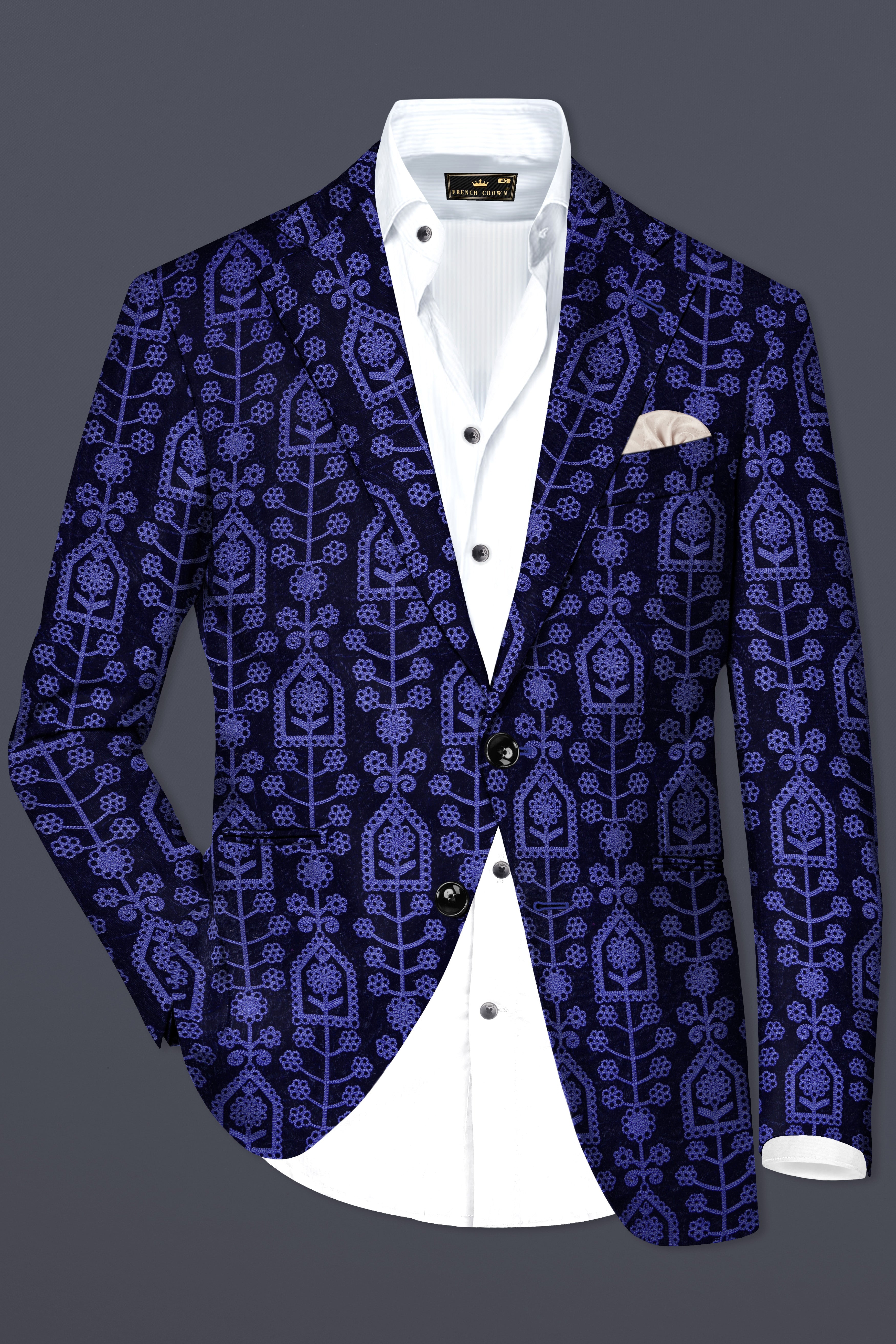 Gigas Blue Thread Work Embroidered Velvet Single Breasted Blazer