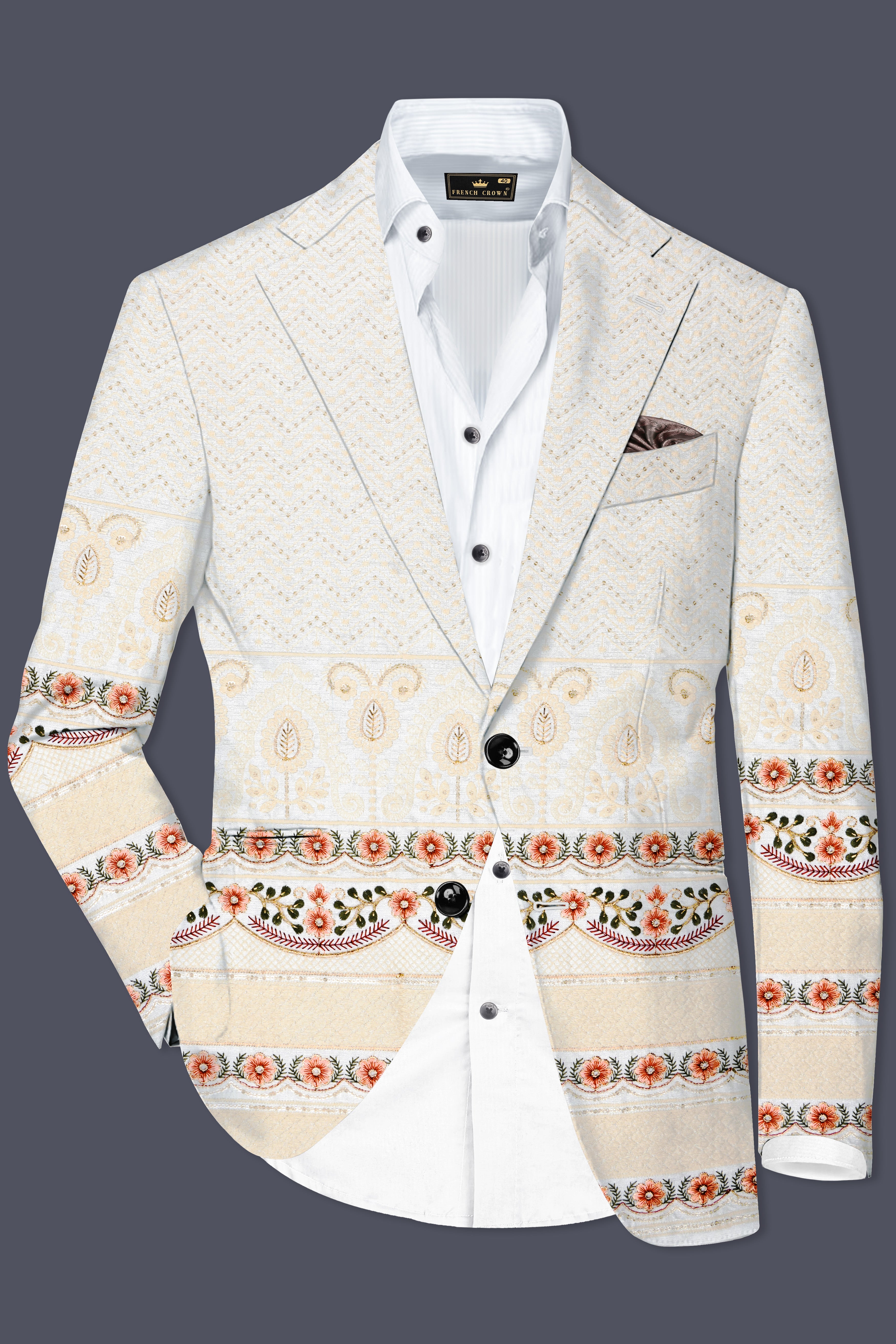 Off White And ApricotPeach Multicolor Sequin and thread Embroidered Single Breasted Blazer