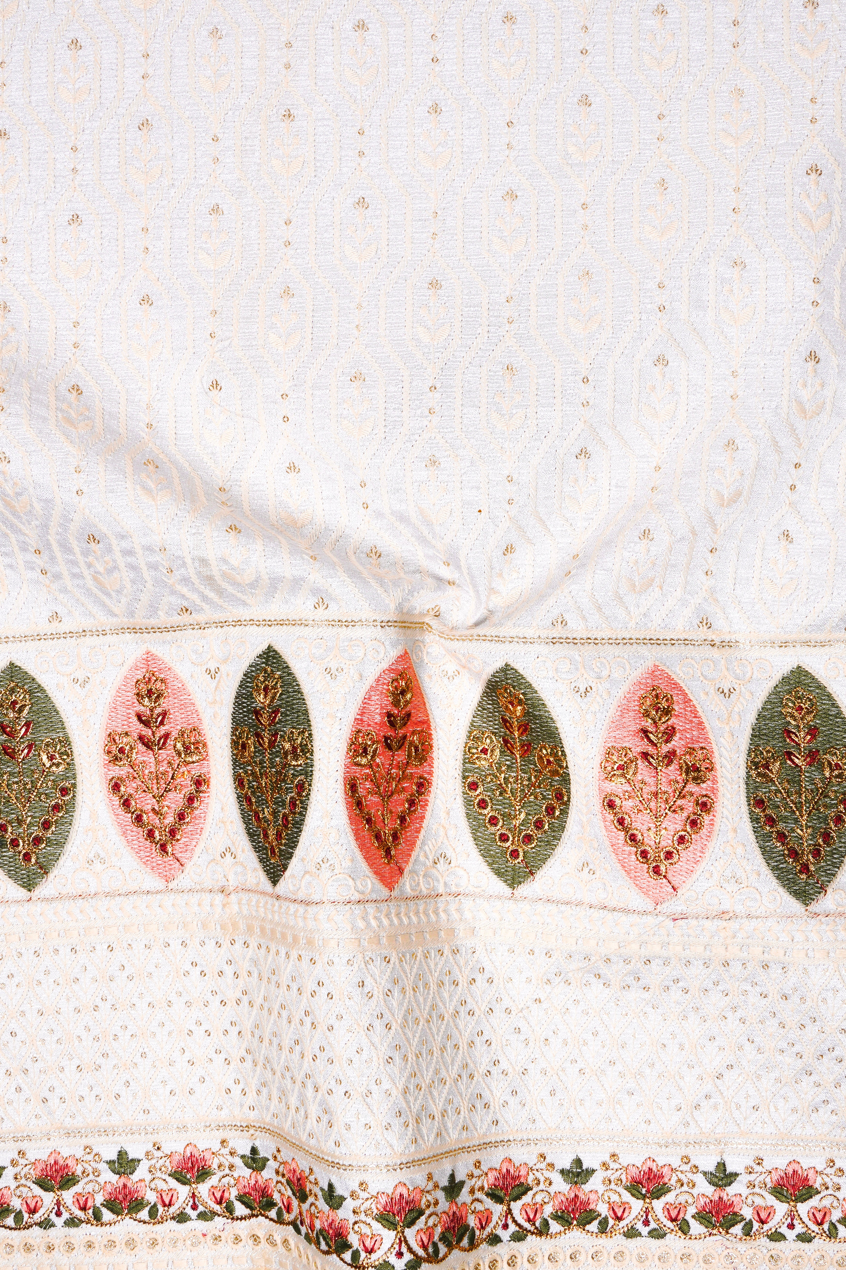 Bright White And Blush Peach Multicolor Sequin and thread leaf Embroidered Tuxedo Blazer