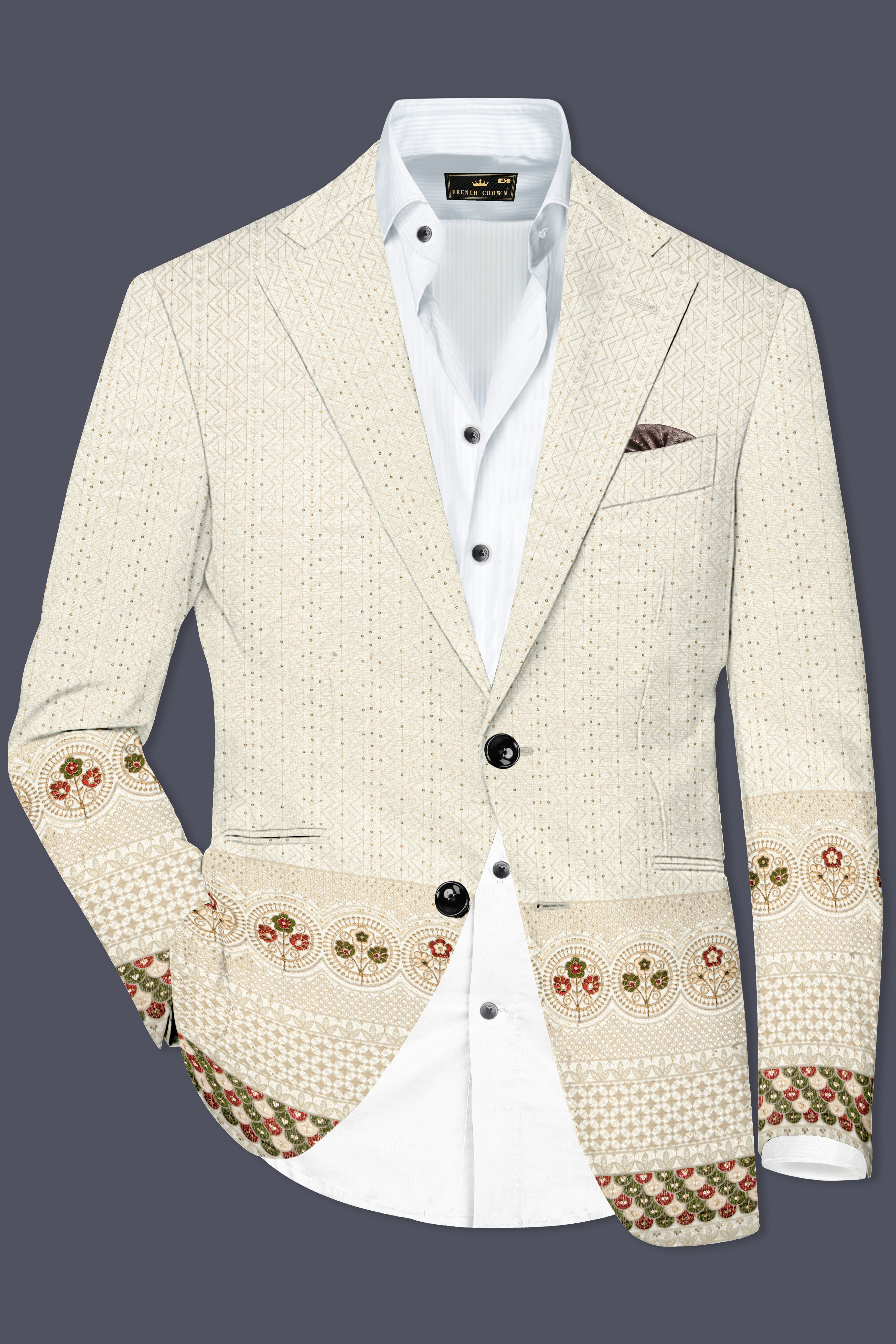 Off White And Blush Peach Multicolor Sequin and thread Embroidered Single Breasted Blazer