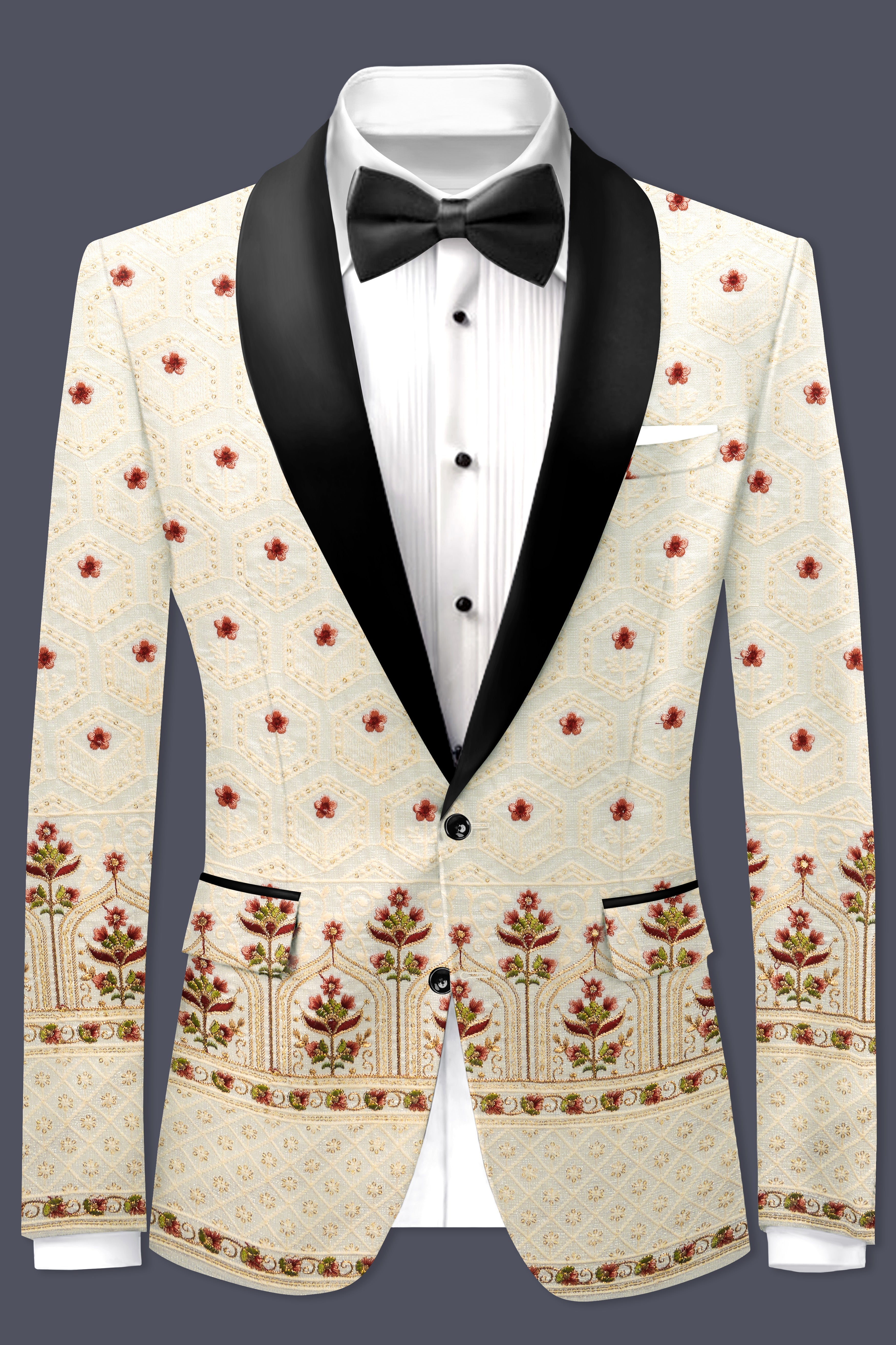 Off White And Saratoga Green Multicolor Sequin and thread Embroidered Tuxedo Blazer