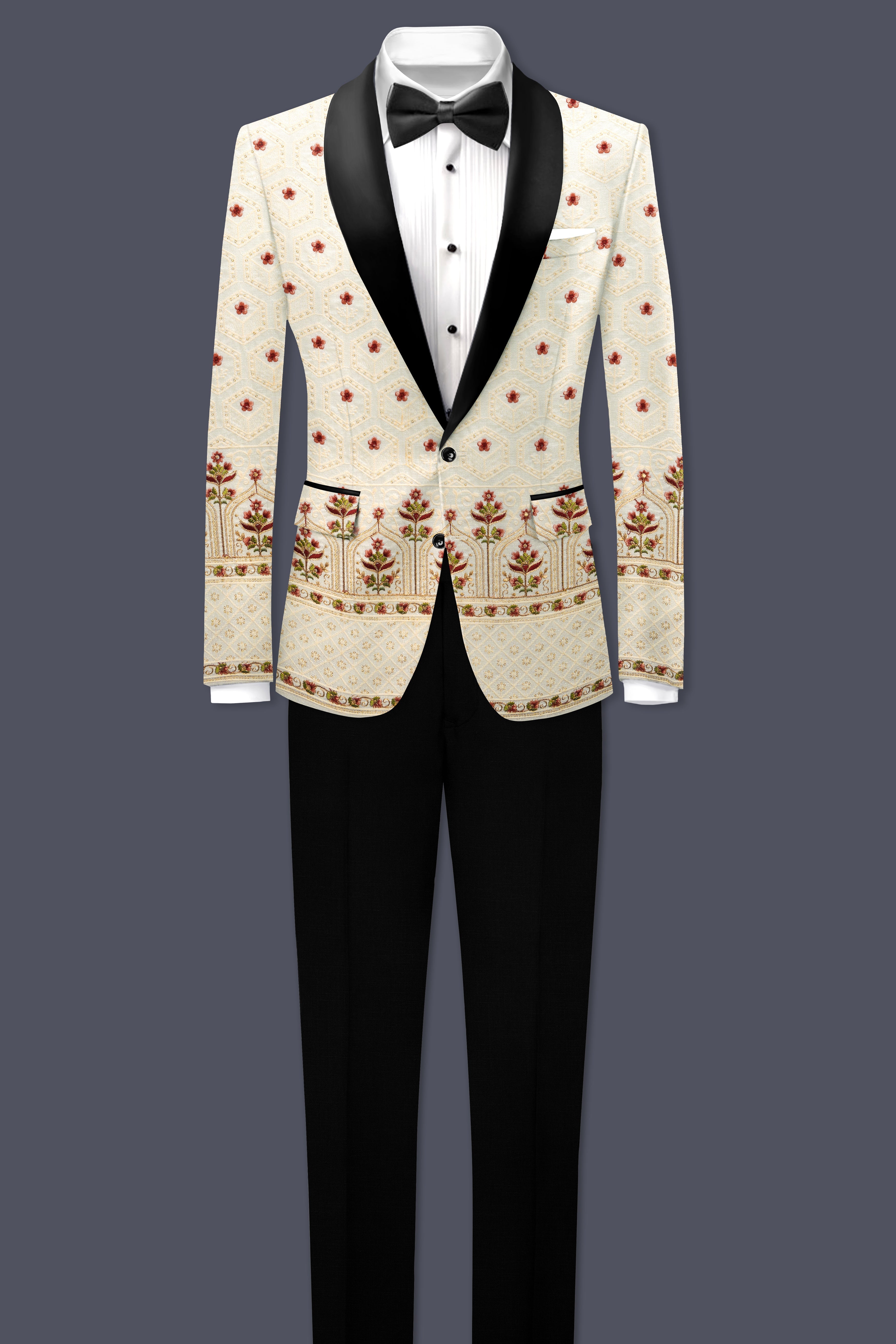 Off White And Saratoga Green Multicolor Sequin and thread Embroidered Tuxedo Blazer