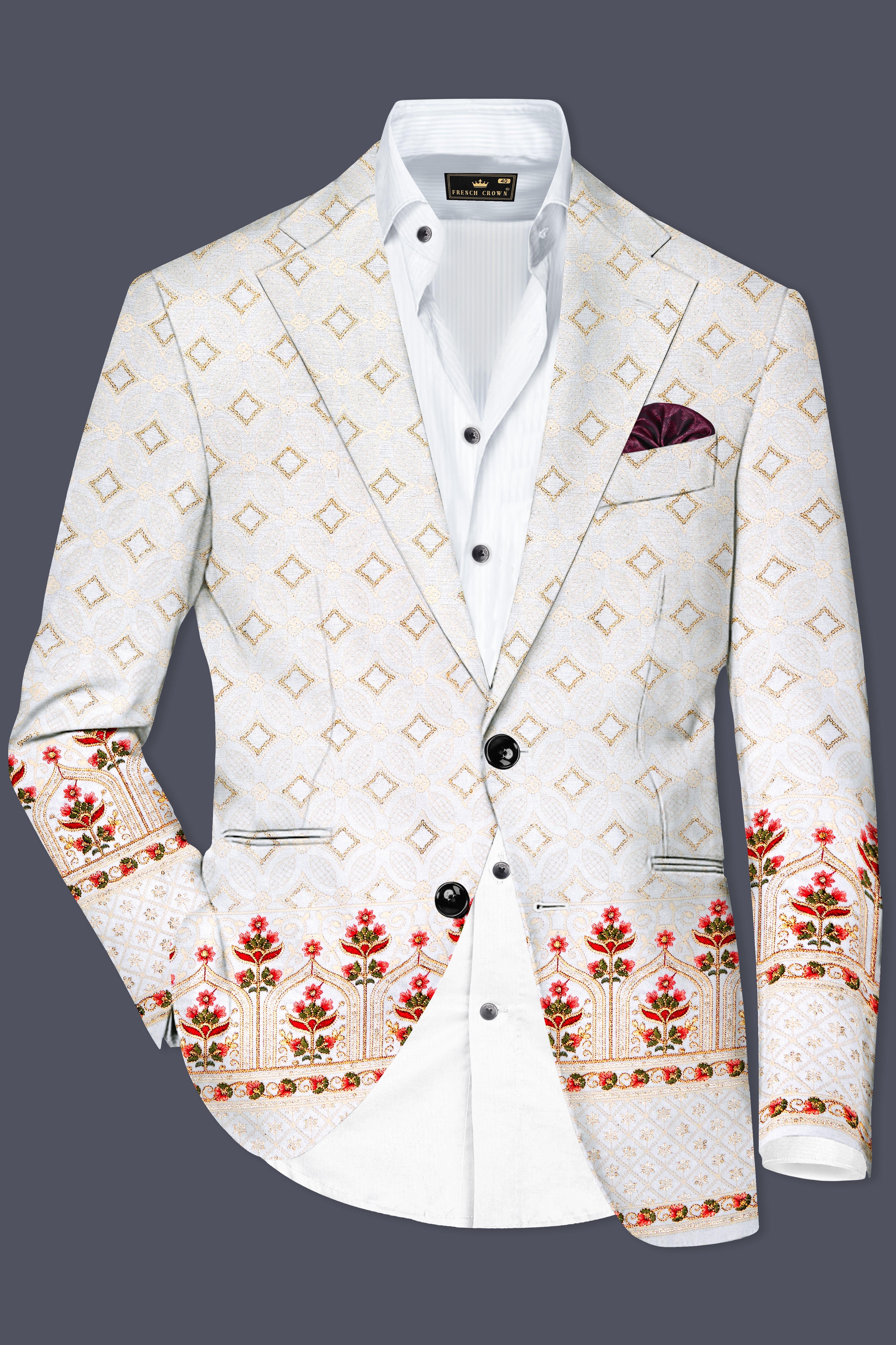 Bright White And Carnation Pink Multicolor Sequin and thread Embroidered Single Breasted Blazer