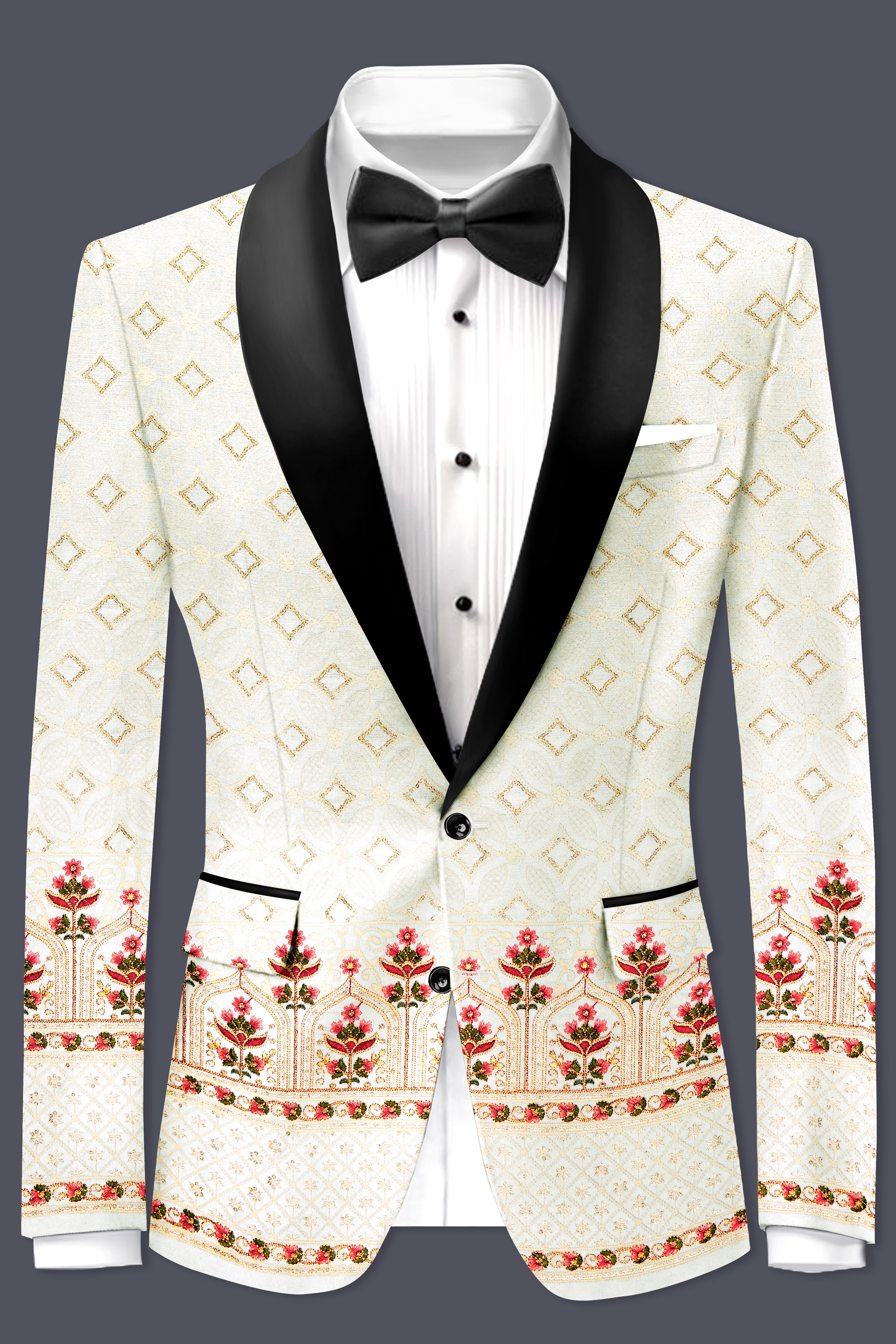 Off White And Sunset Pink Flower Multicolor Sequin and thread Embroidered Tuxedo Blazer