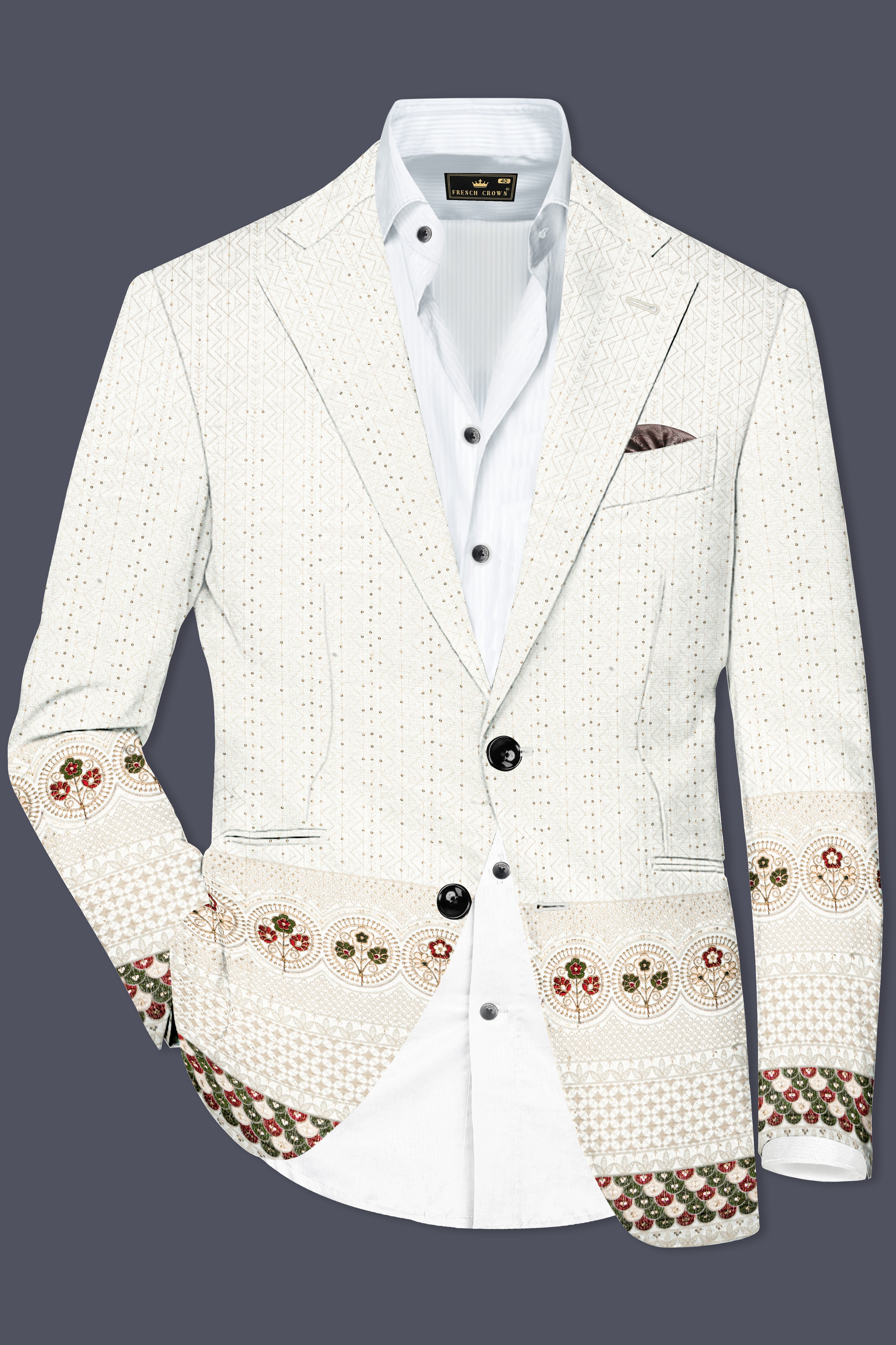 Off White And Metallic Red Multicolor Sequin and thread Embroidered Single Breasted Blazer