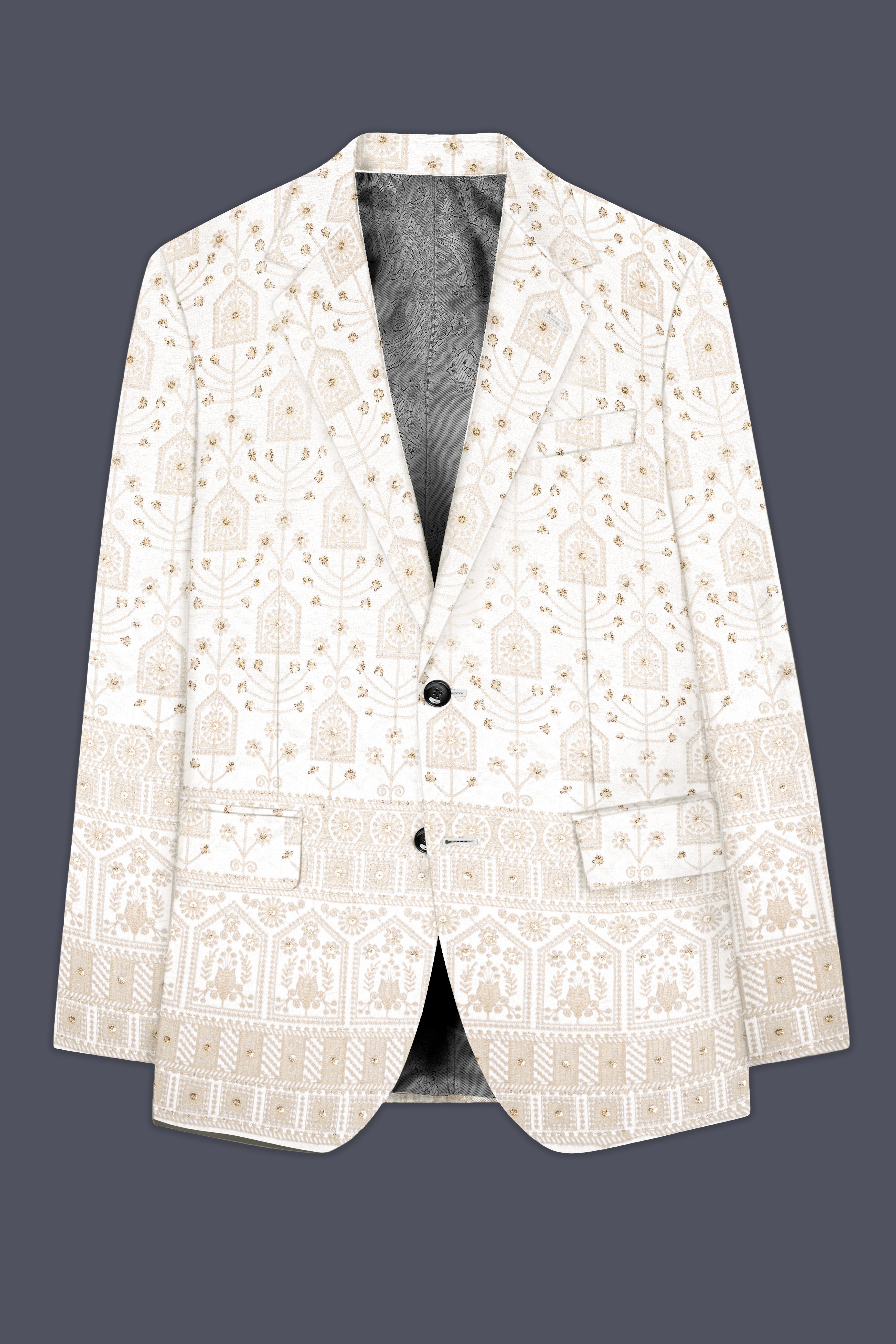Tequila Cream And Bright White thread Embroidered Single Breasted Blazer