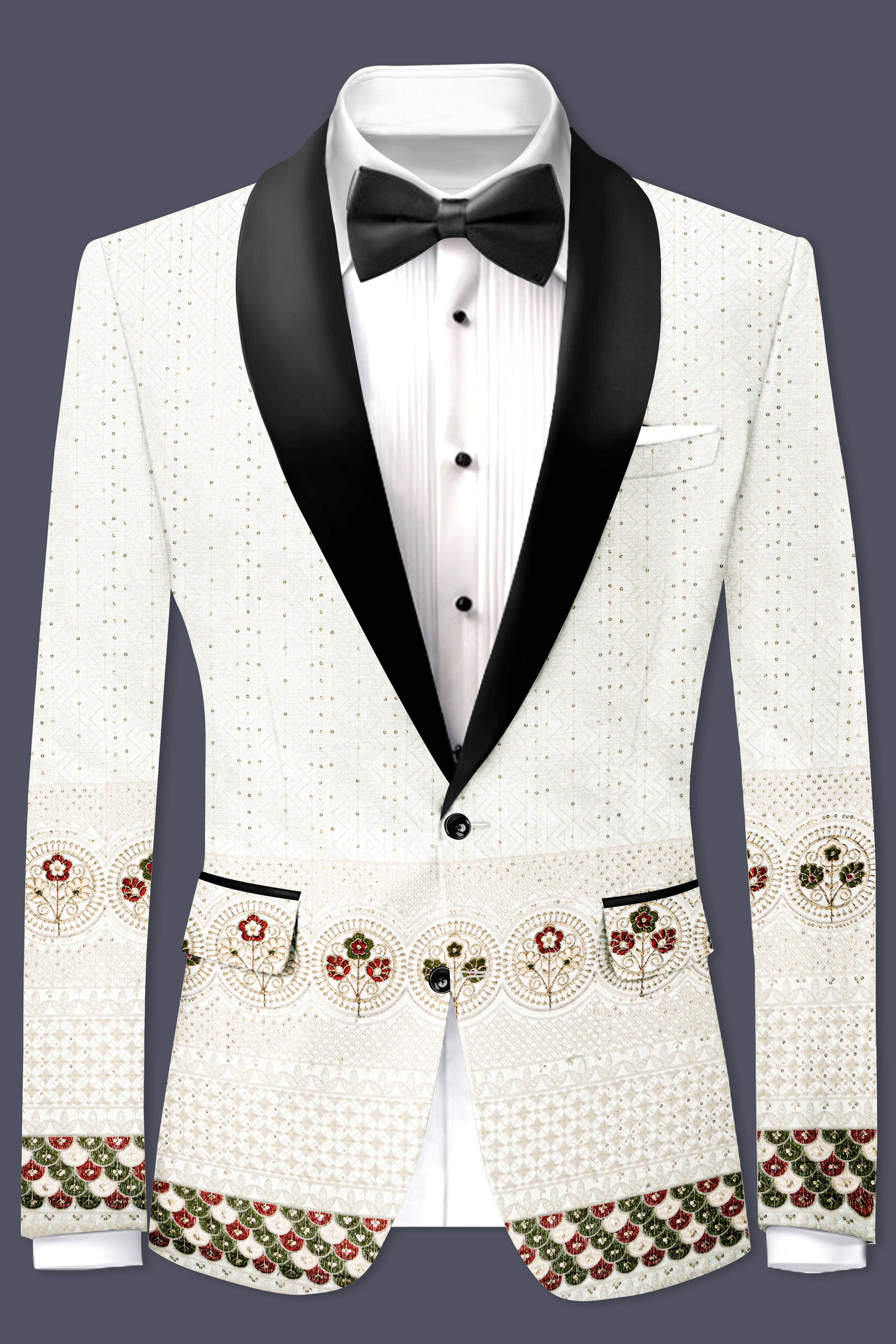 Off White And Metallic Red Multicolor Sequin and thread Embroidered Tuxedo Blazer
