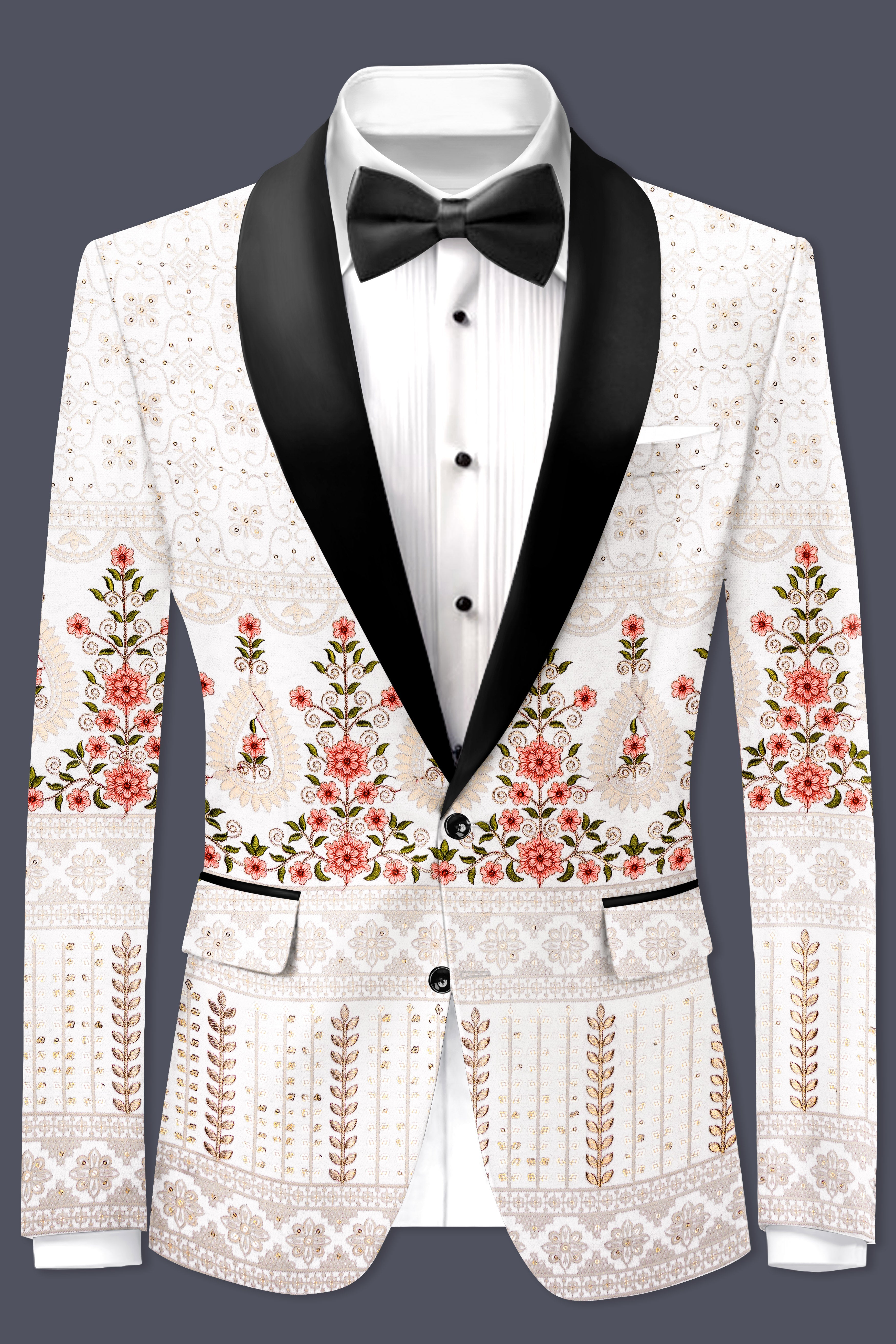Romance White And Salmon Pink Sequin and thread Embroidered Tuxedo Blazer