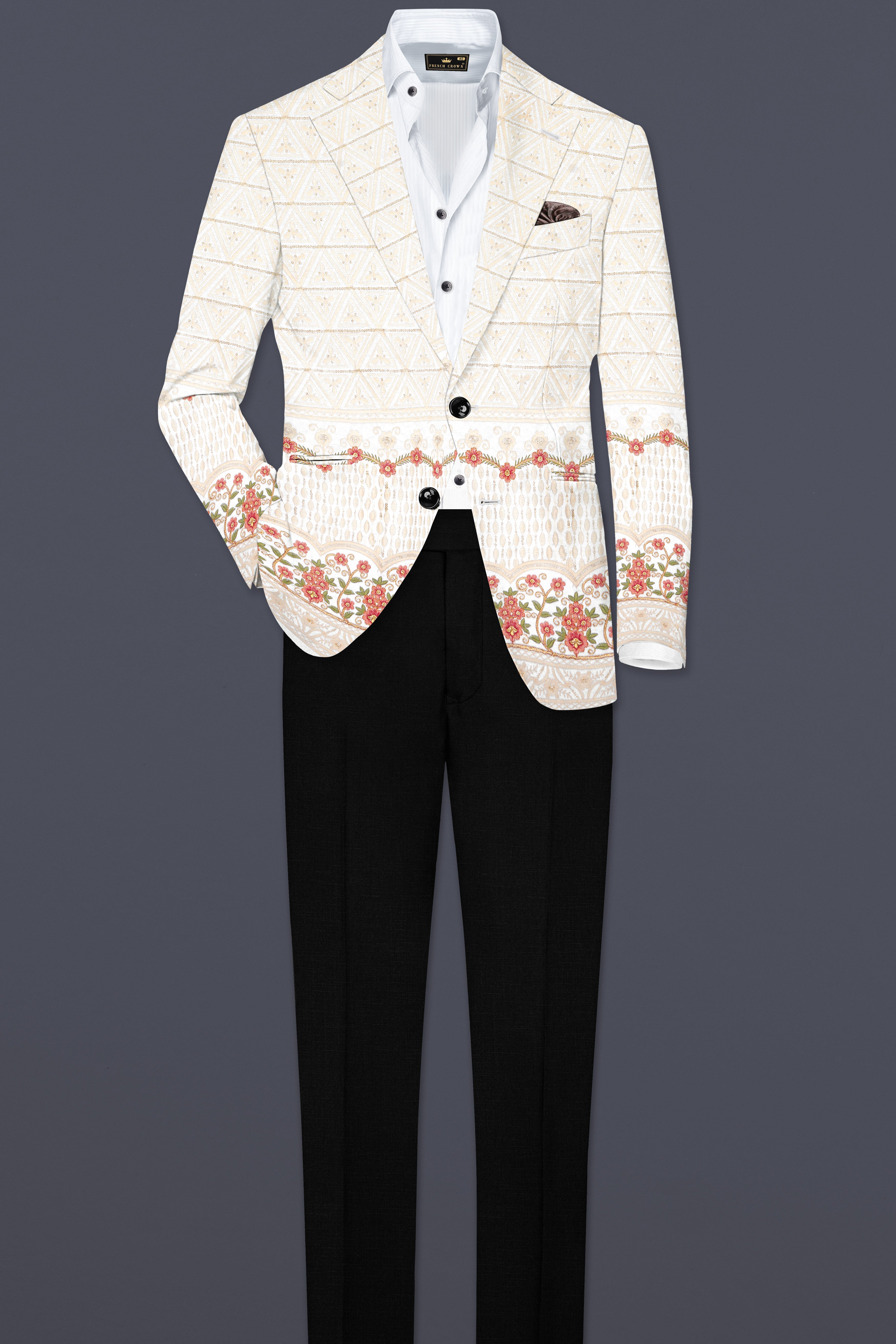 Fantasy Off White And Blush Pink Sequin and thread Embroidered Single Breasted Blazer