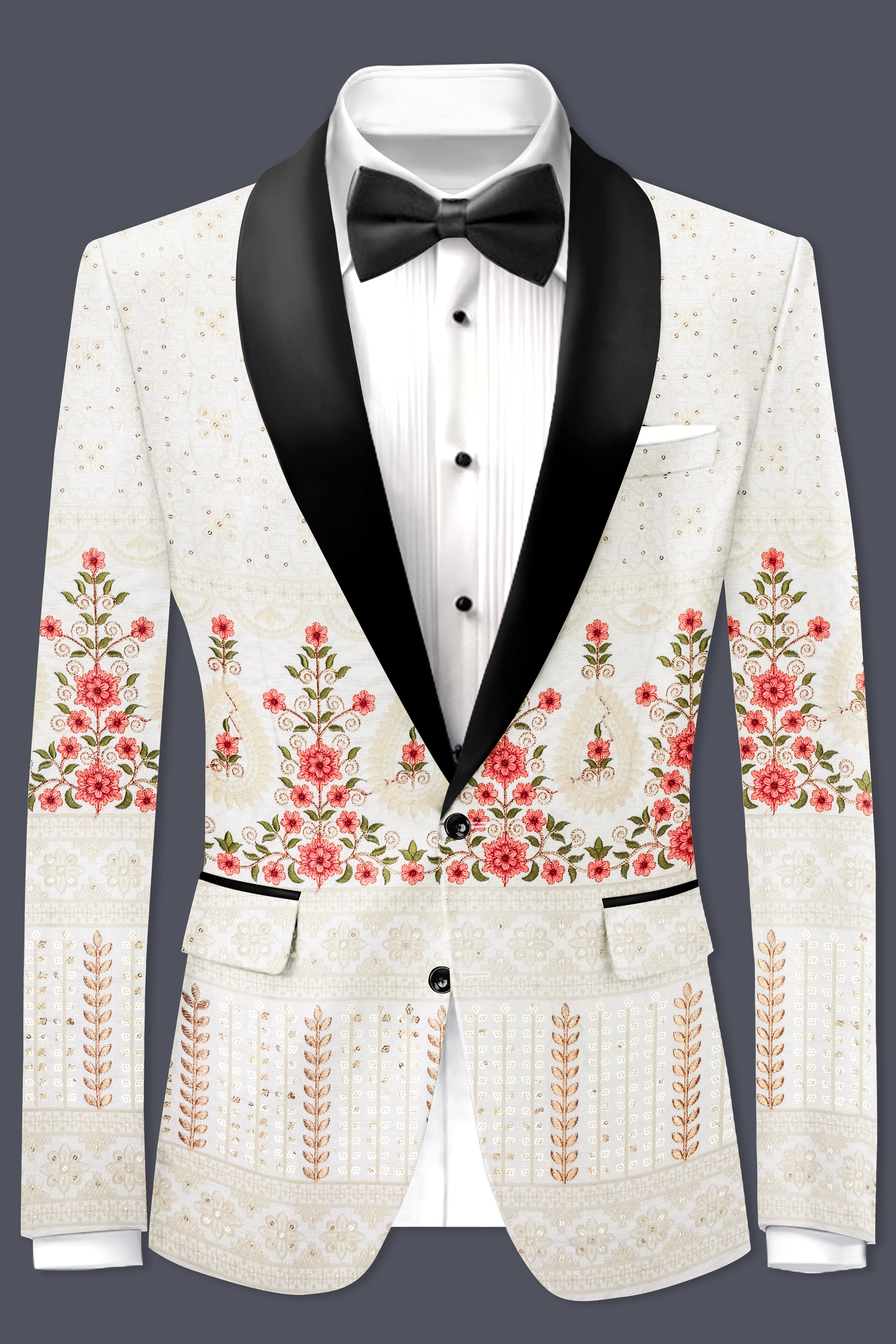 Almond Off White And Salmon Pink Sequin and thread Embroidered Tuxedo Blazer