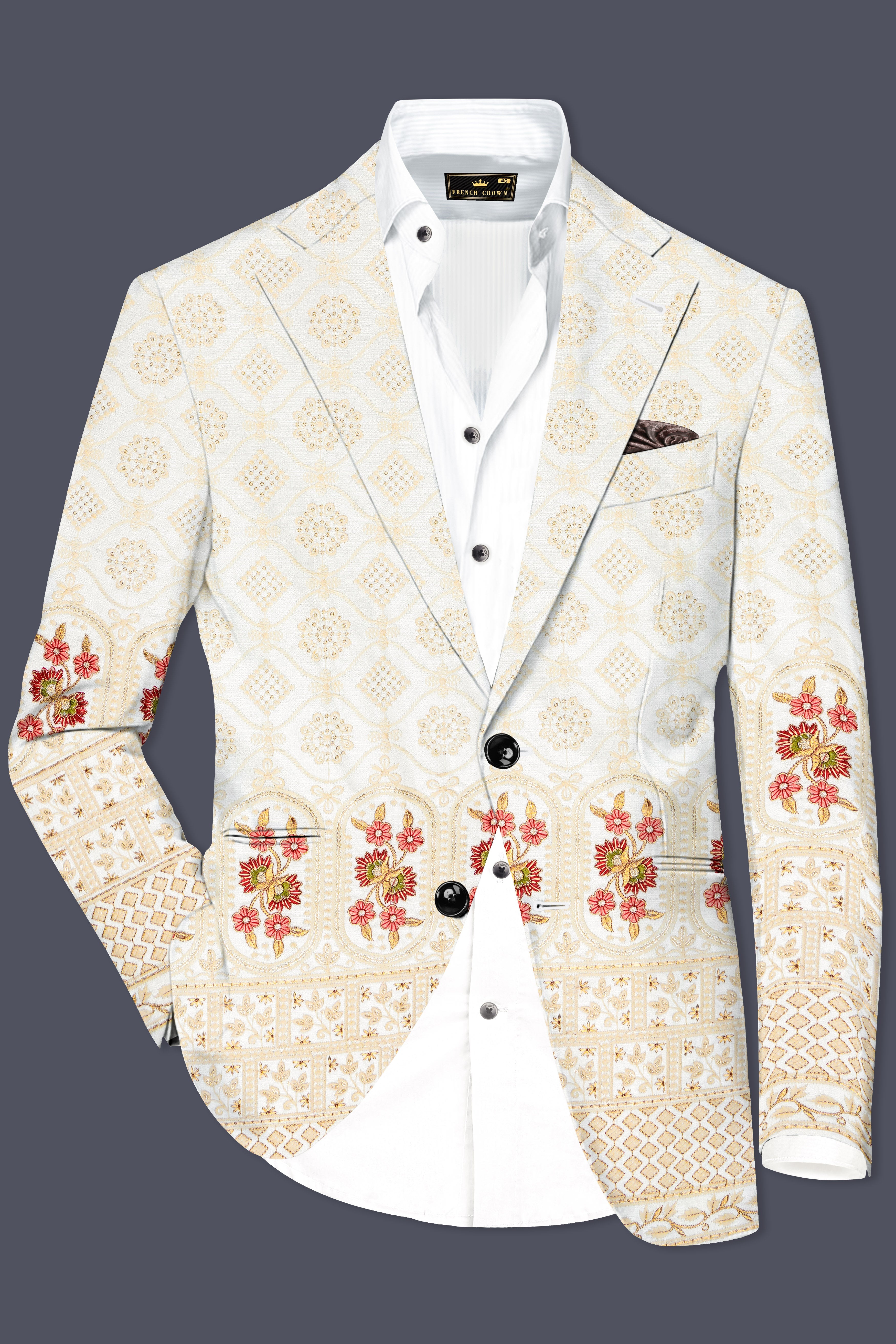 Ecru Off White And Peachy Pink Sequin and thread Embroidered Single Breasted Blazer