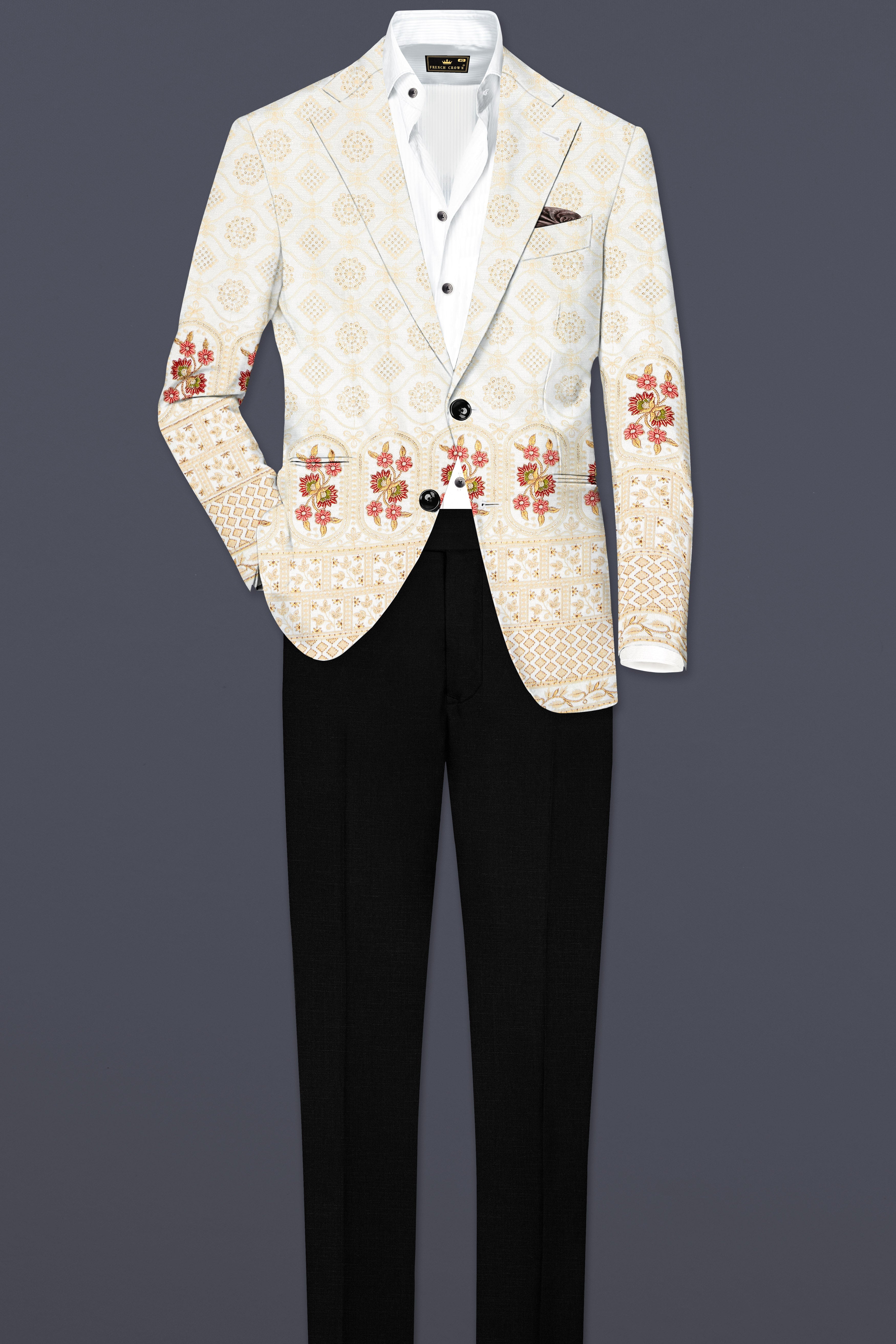 Ecru Off White And Peachy Pink Sequin and thread Embroidered Single Breasted Blazer
