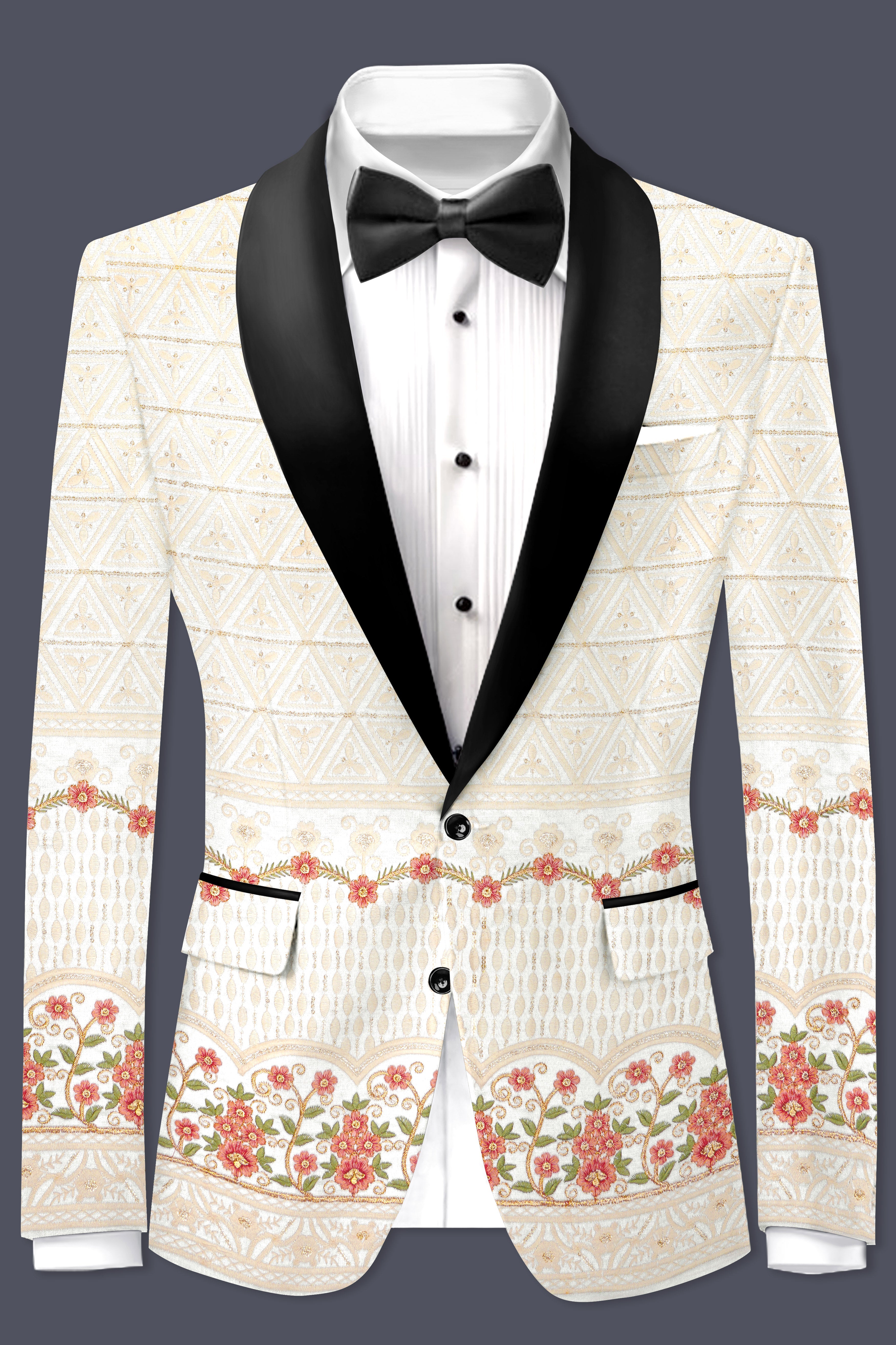 Fantasy Off White And Blush Pink Sequin and thread Embroidered Tuxedo Blazer