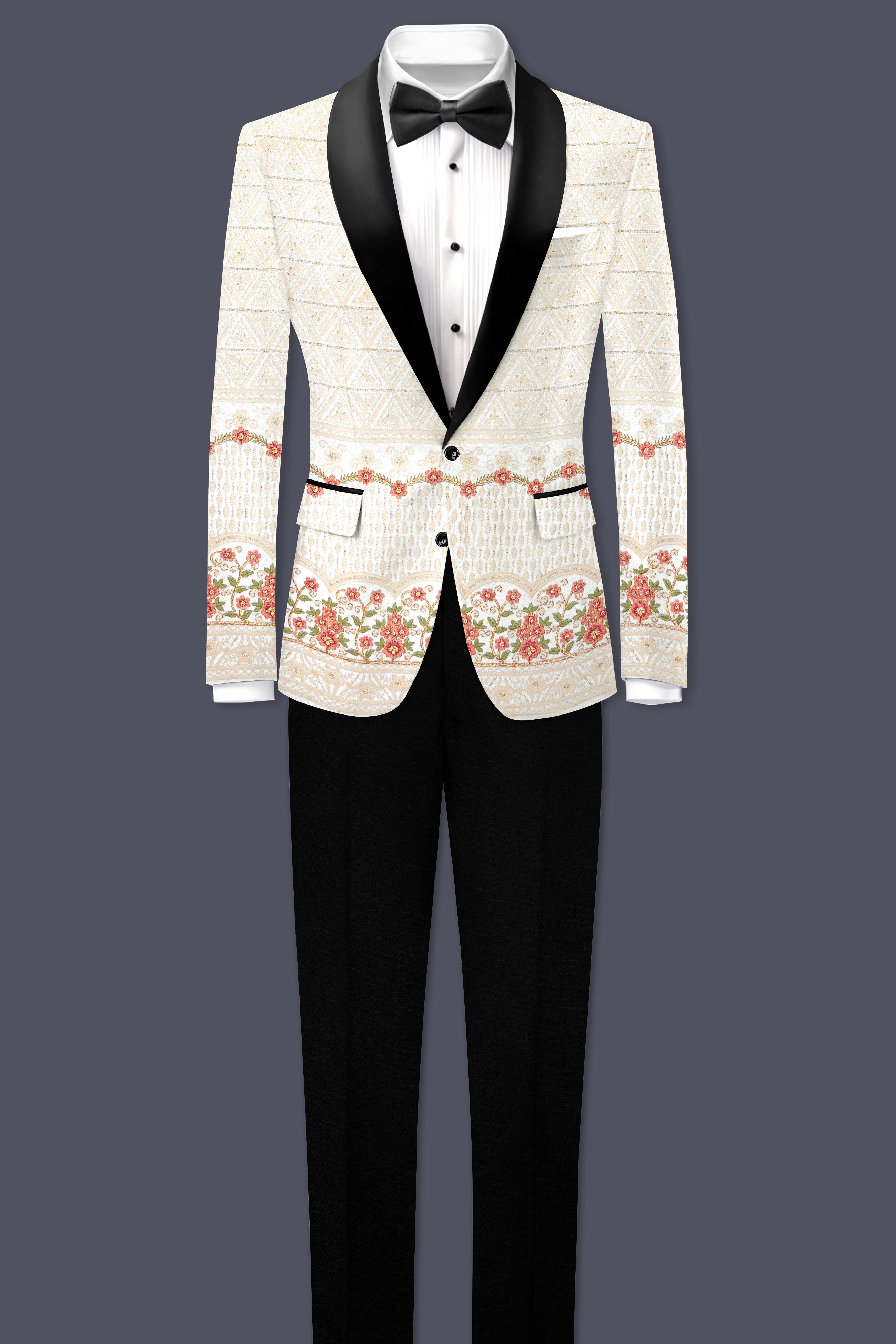 Fantasy Off White And Blush Pink Sequin and thread Embroidered Tuxedo Blazer