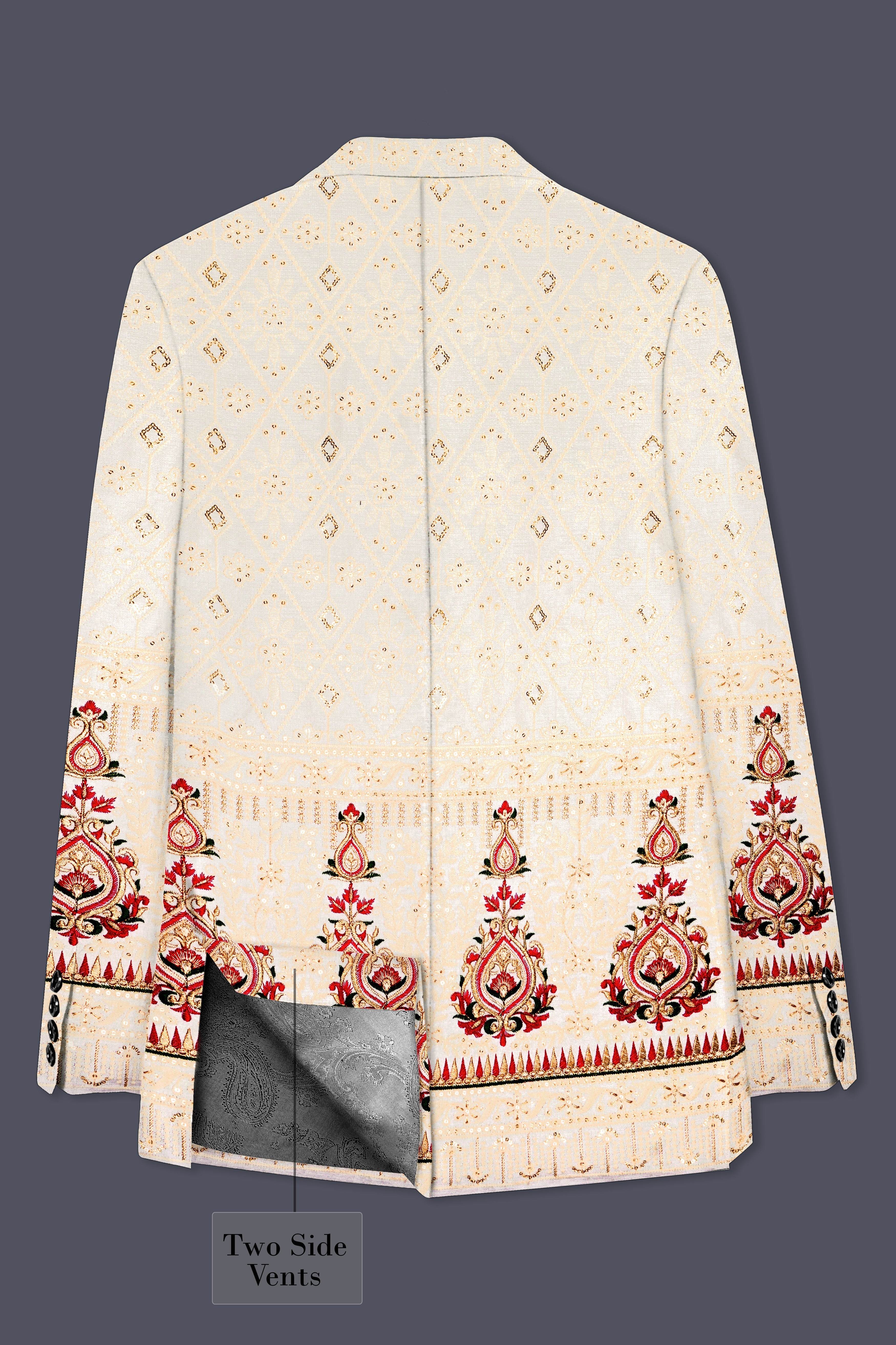 Marino Cream And Crimson Red Sequin and thread Embroidered Single Breasted Blazer