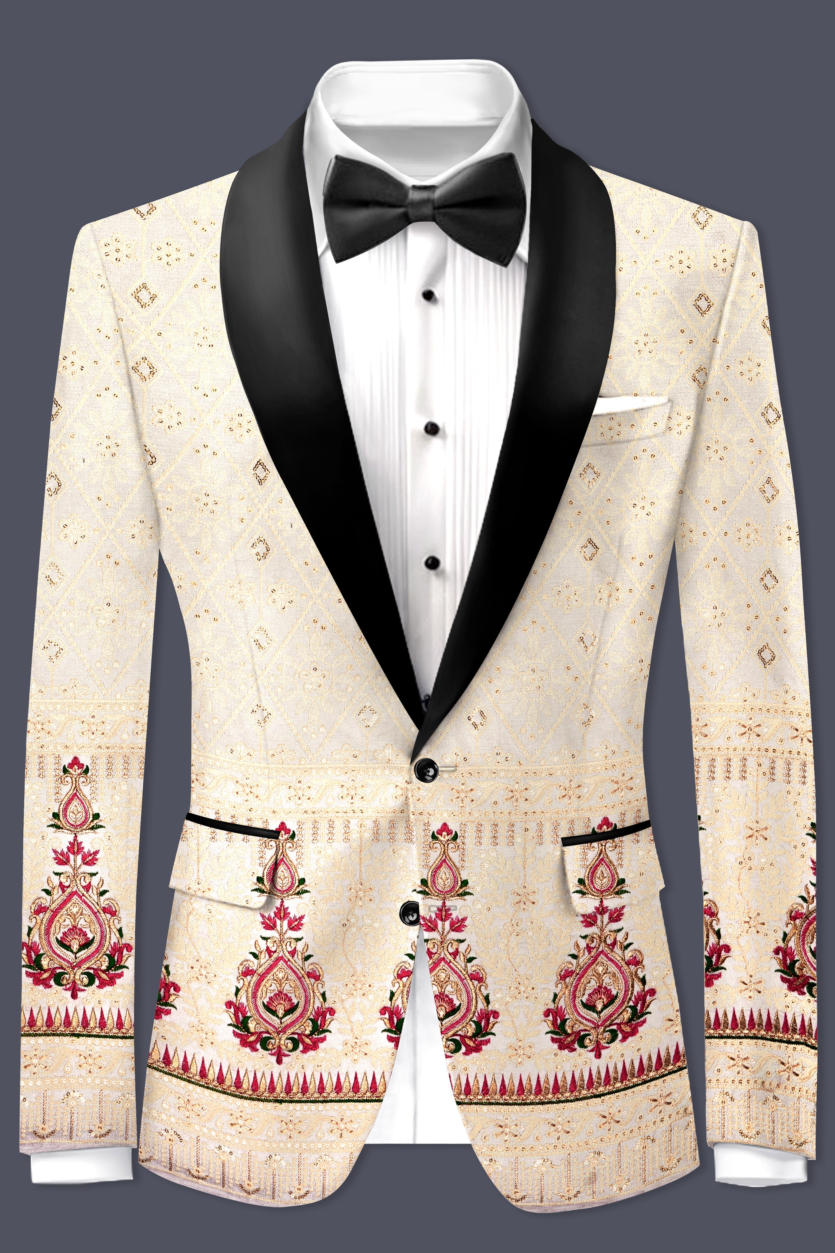 Marino Cream And Crimson Red Sequin and thread Embroidered Tuxedo Blazer