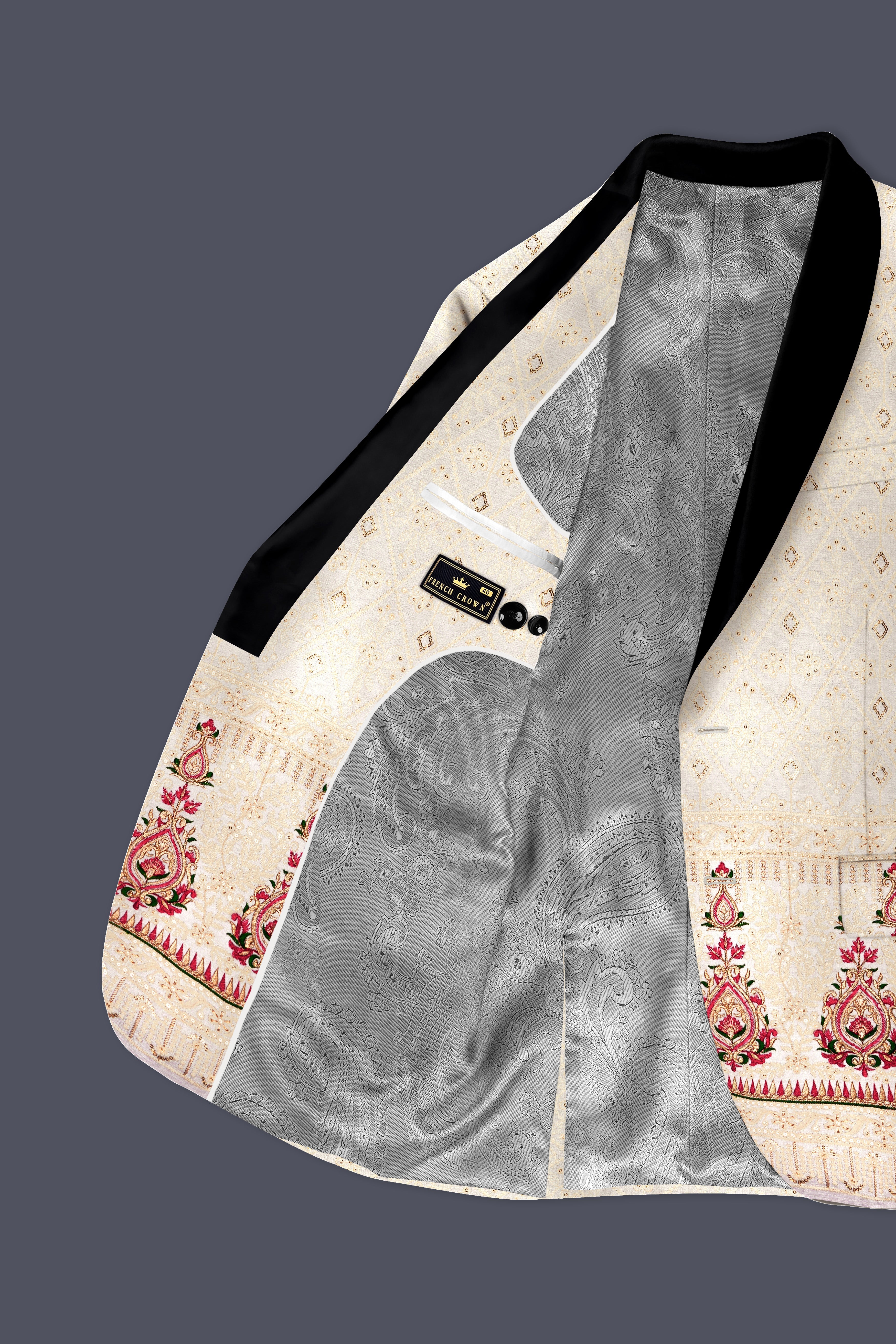Marino Cream And Crimson Red Sequin and thread Embroidered Tuxedo Blazer