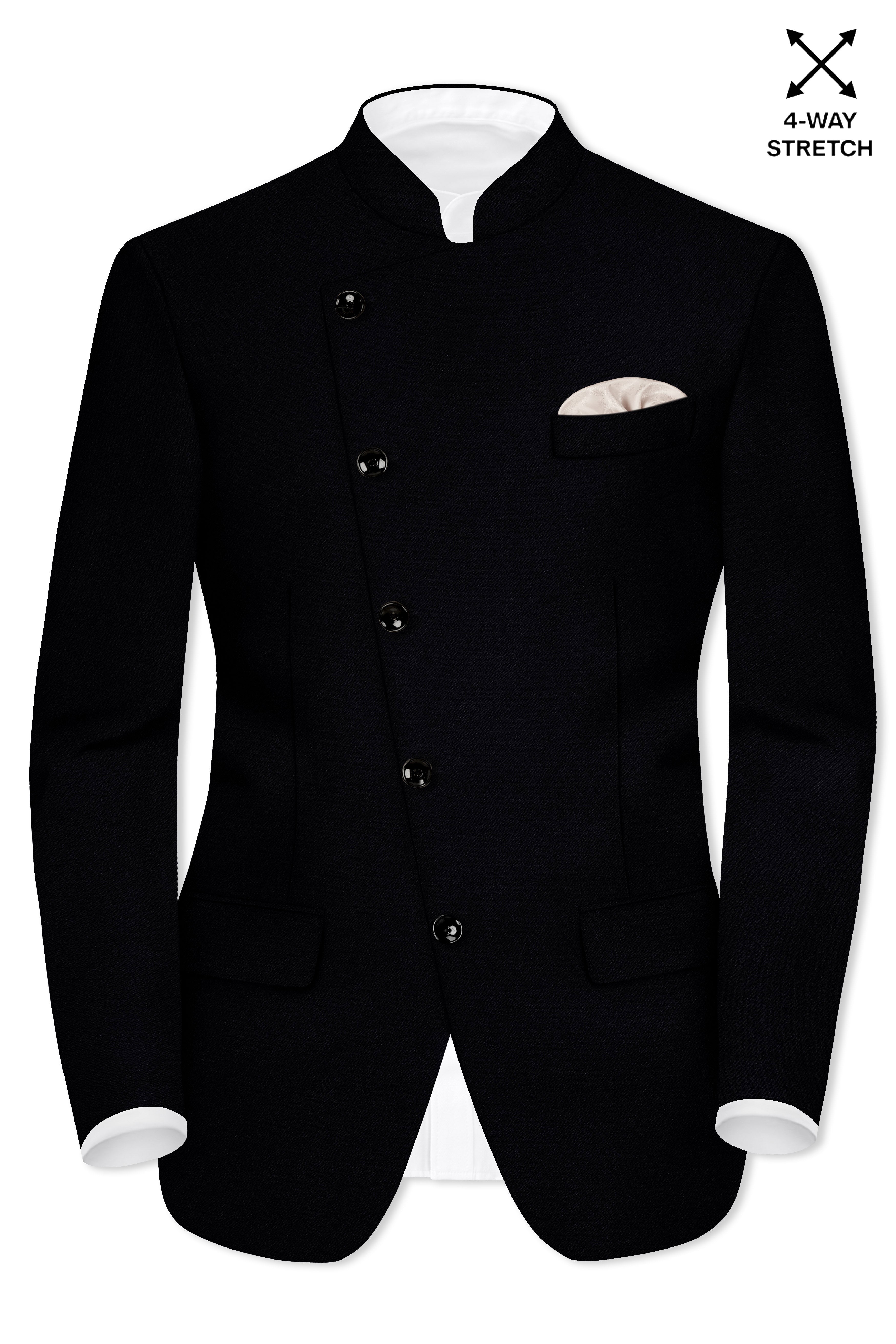 Noirex-Korean Black (The Best Black We Have) Wool Rich Cross Placket Bandhgala Stretchable traveler Blazer