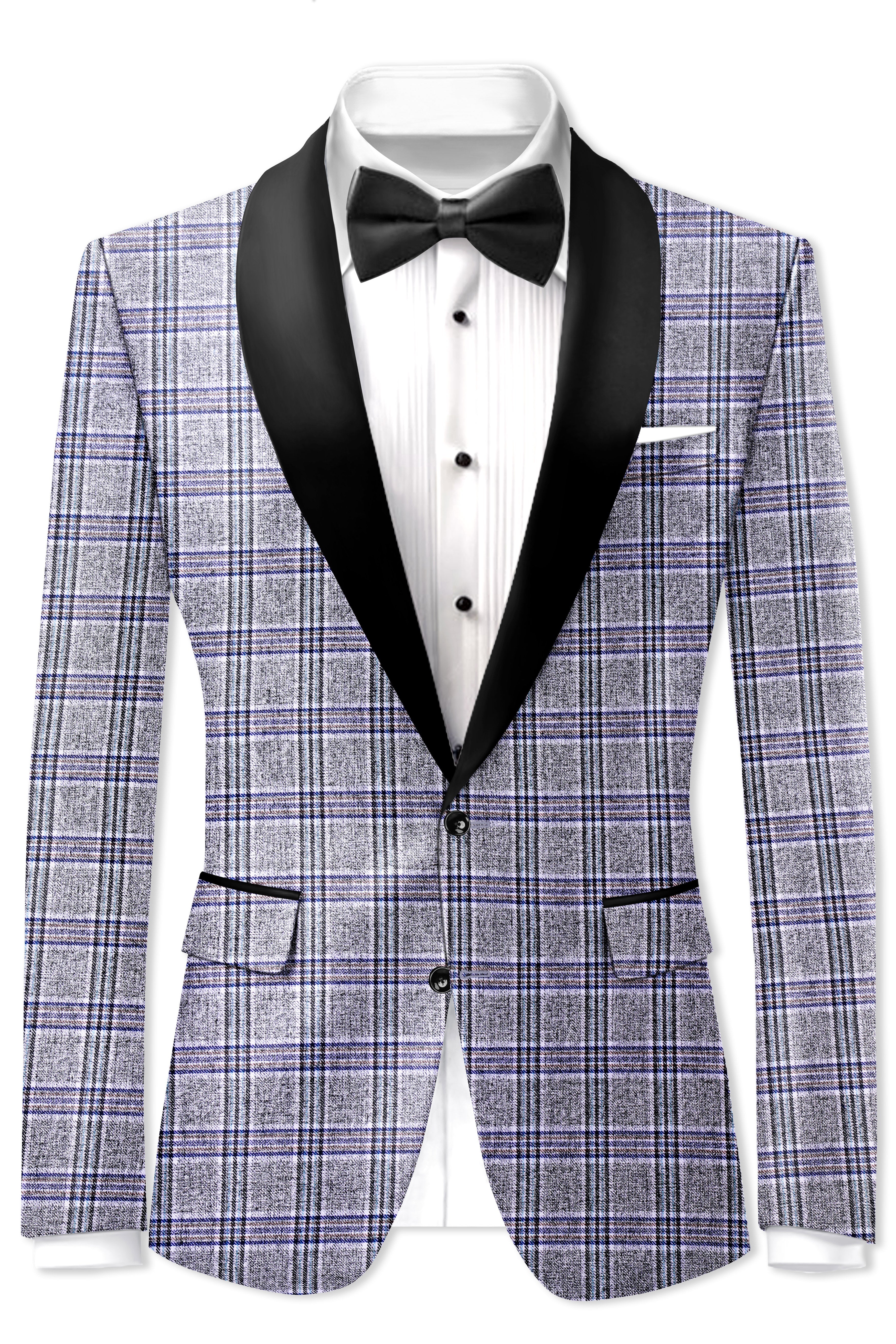 Pladiel-StarDust Gray with Martinique Blue Plaid Wool Rich Tuxedo Blazer